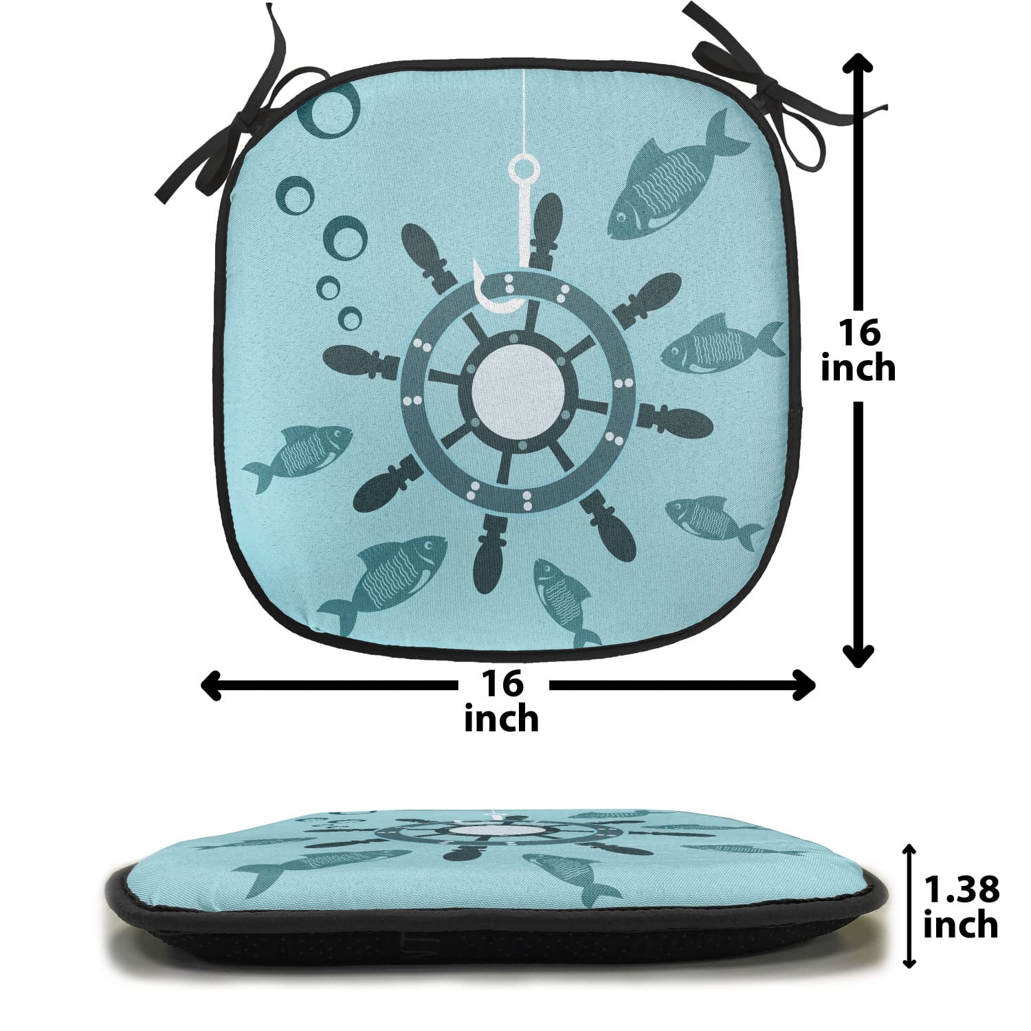 Lunarable Nautical Ships Wheel Chair Cushion - 16x16 Inch Non-Slip Boat Helm Design Seat Pad for Kitchen, Patio & Outdoor Furniture - Turquoise Teal Underwater Fish & Shipwreck Theme Home Decor