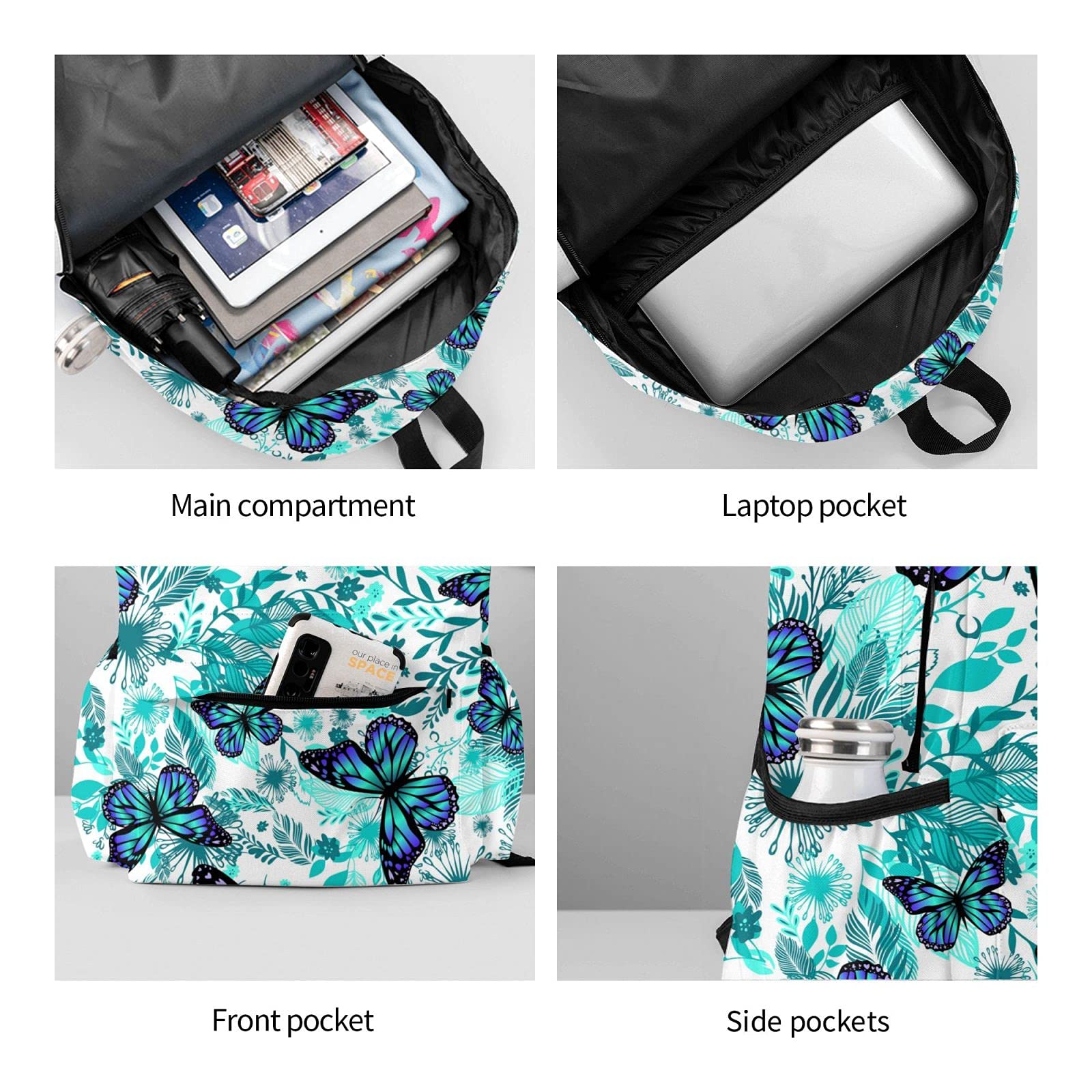 **Delerain 17 Inch Blue Floral Butterflies Laptop Backpack - Lightweight School Bookbag & Travel Daypack for Women & Men - Perfect for College, Work, Camping, Hiking, Beach & Outdoor Adventures**