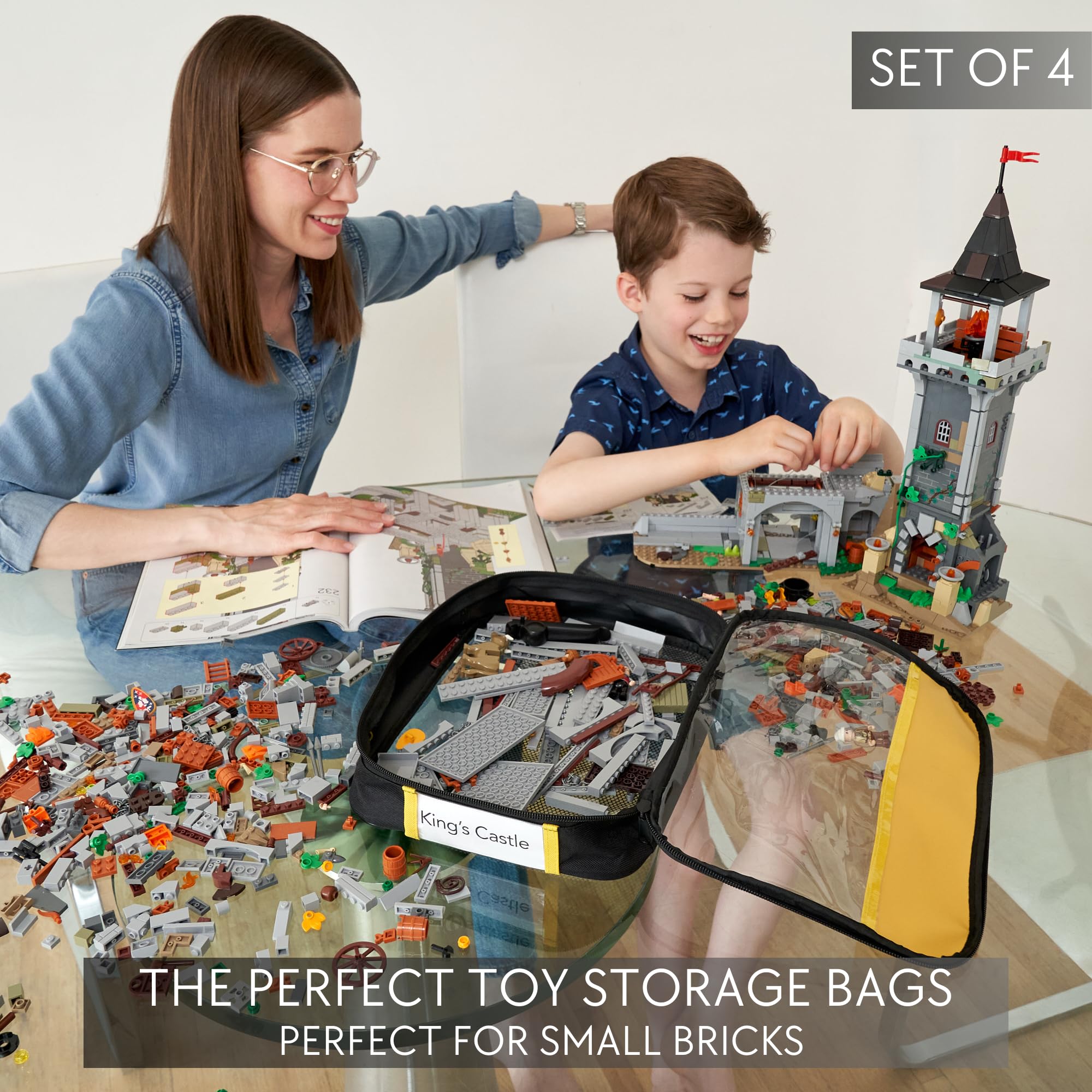 Premium Toy Storage Bags for LEGO Bricks - 4 Pack Organizer Bags with Labels, Handles & Pockets - Quality Bliss Bins for Puzzles & Board Games - Perfect for Kids' Room, Playroom & Travel Organization