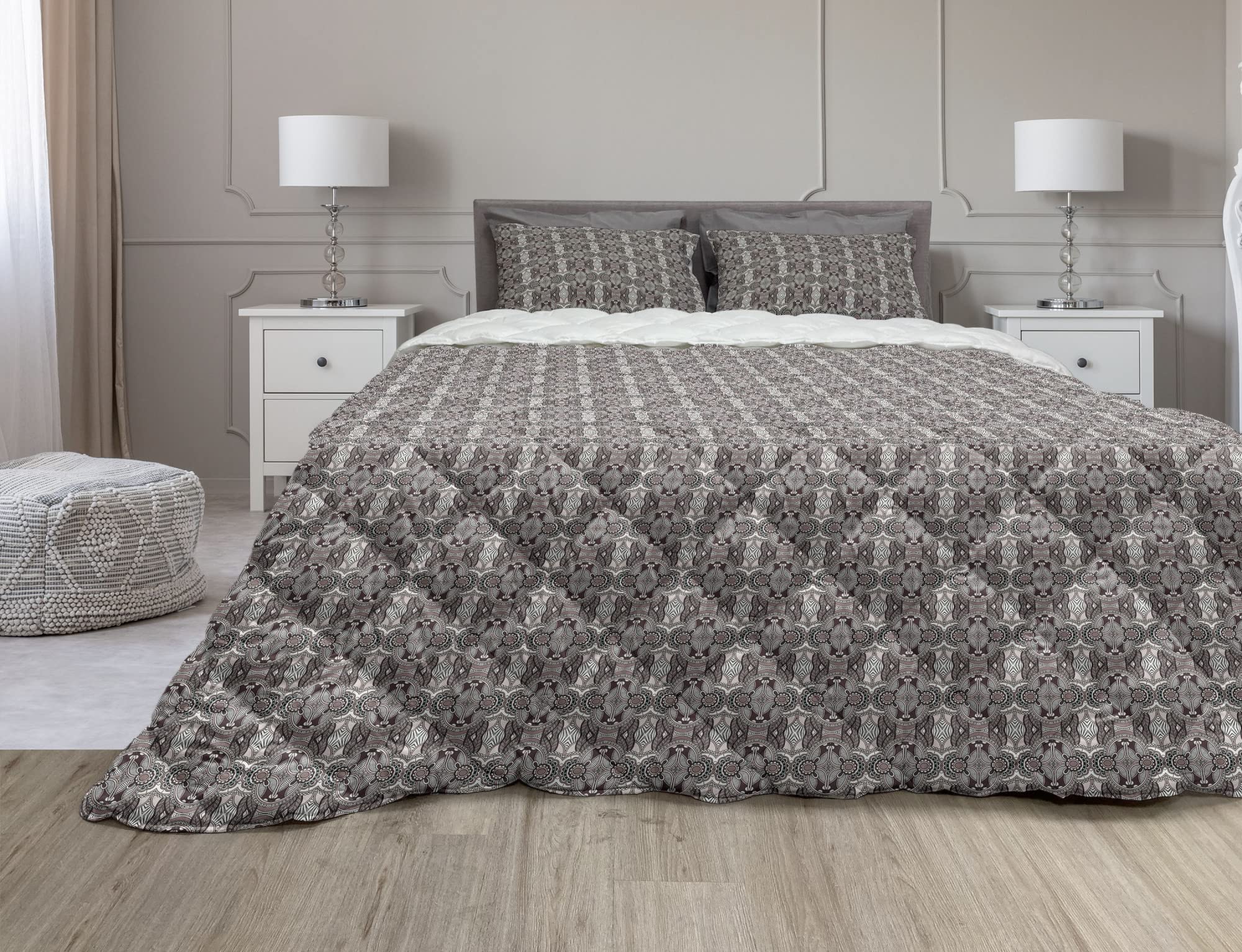 Ambesonne Vintage Comforter & Sham Bedding Set - Victorian Royal Floral Gothic Baroque Persian Design, 2-Piece Microfiber Duvet Set in Eggplant Cream Tan (Twin Size) for Cozy Bedroom Decor & Guest Room Styling