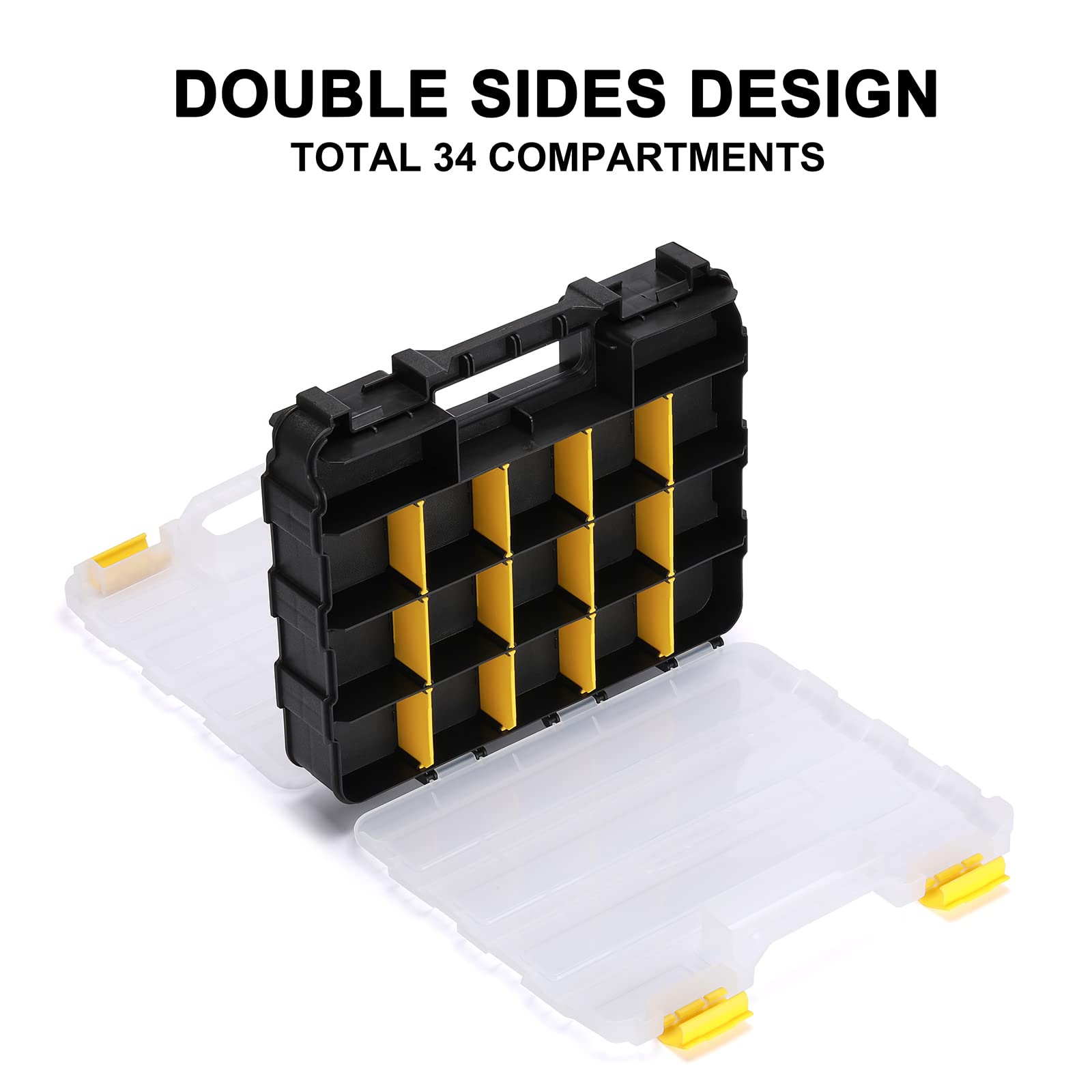 Mayouko Double-Sided Tool Organizer with Customizable Removable Plastic Dividers - 34-Compartment Hardware Storage Box for Small Parts (Black/Yellow) - Perfect for Workshop, Garage & DIY Projects
