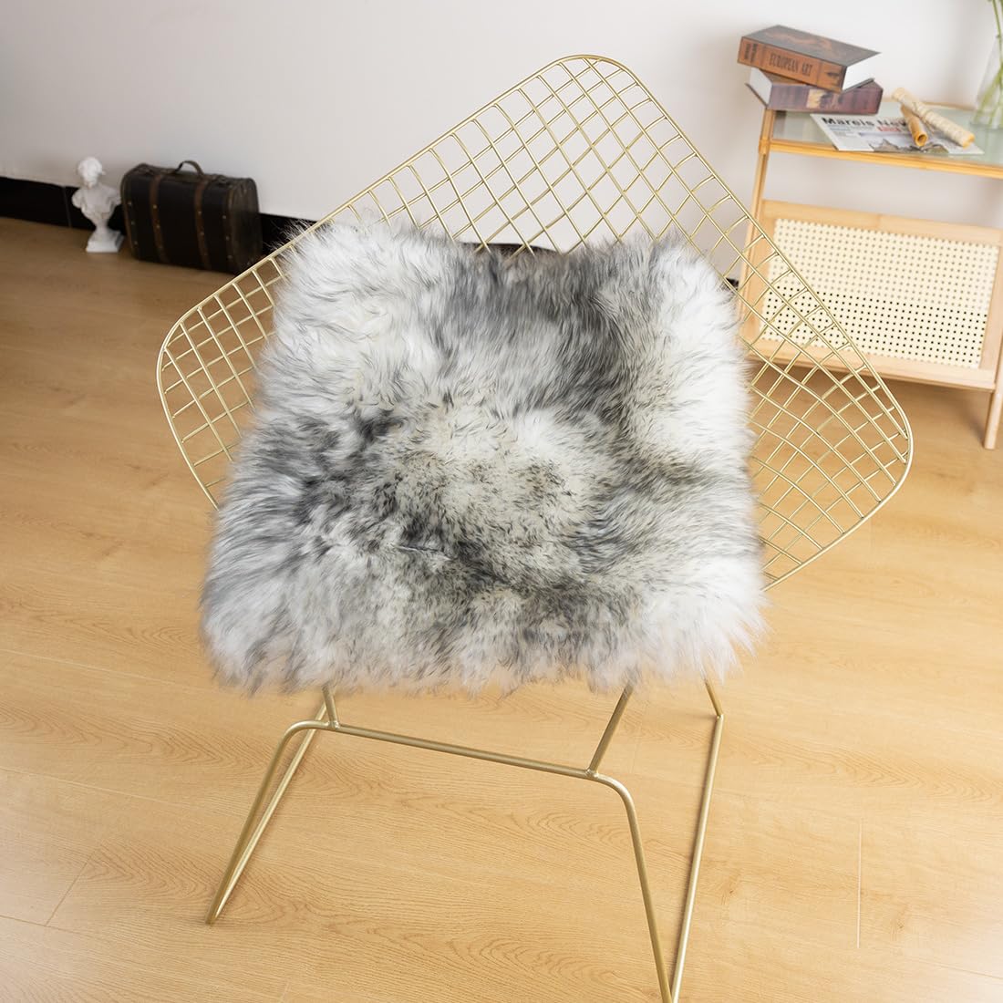 Premium Genuine Sheepskin Chair Cushion - 18x18 Inch Non-Slip Square Seat Pad with Natural Wool Cover for Home, Office & Restaurant - Soft & Luxurious Grey Fur Carpet (Pack of 1) - Perfect for Ergonomic Support, Cozy Reading Nooks & Stylish Interior Decor