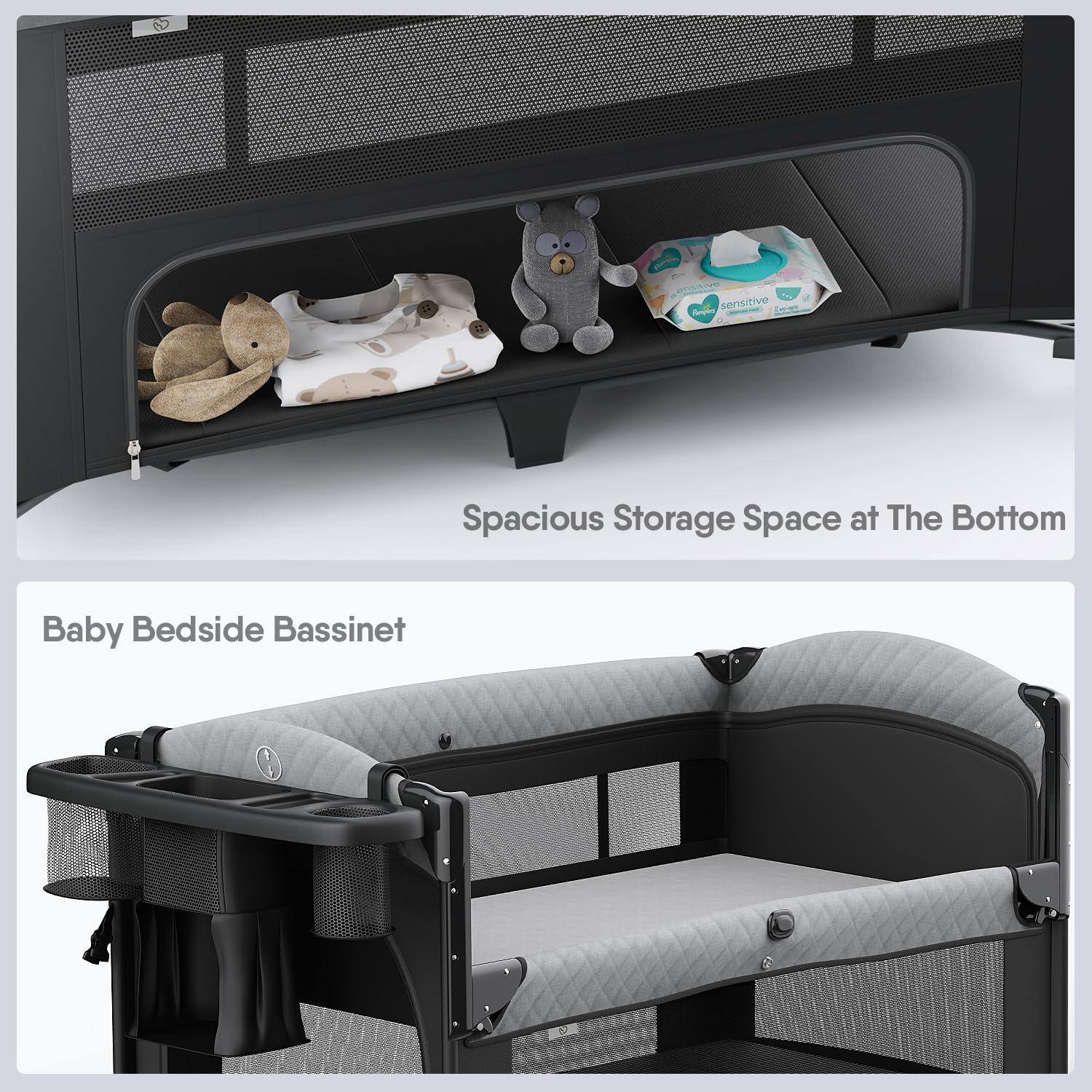 4 in 1 Baby Bassinet with Mattress - Convertible Pack and Play, Bedside Sleeper & Diaper Changer | Includes Mosquito Net, Storage Basket & Toy Bar | Perfect Nursery Essential for Newborns to Toddlers (0-24 Months) | Ideal for Bedroom, Travel & Daycare Use