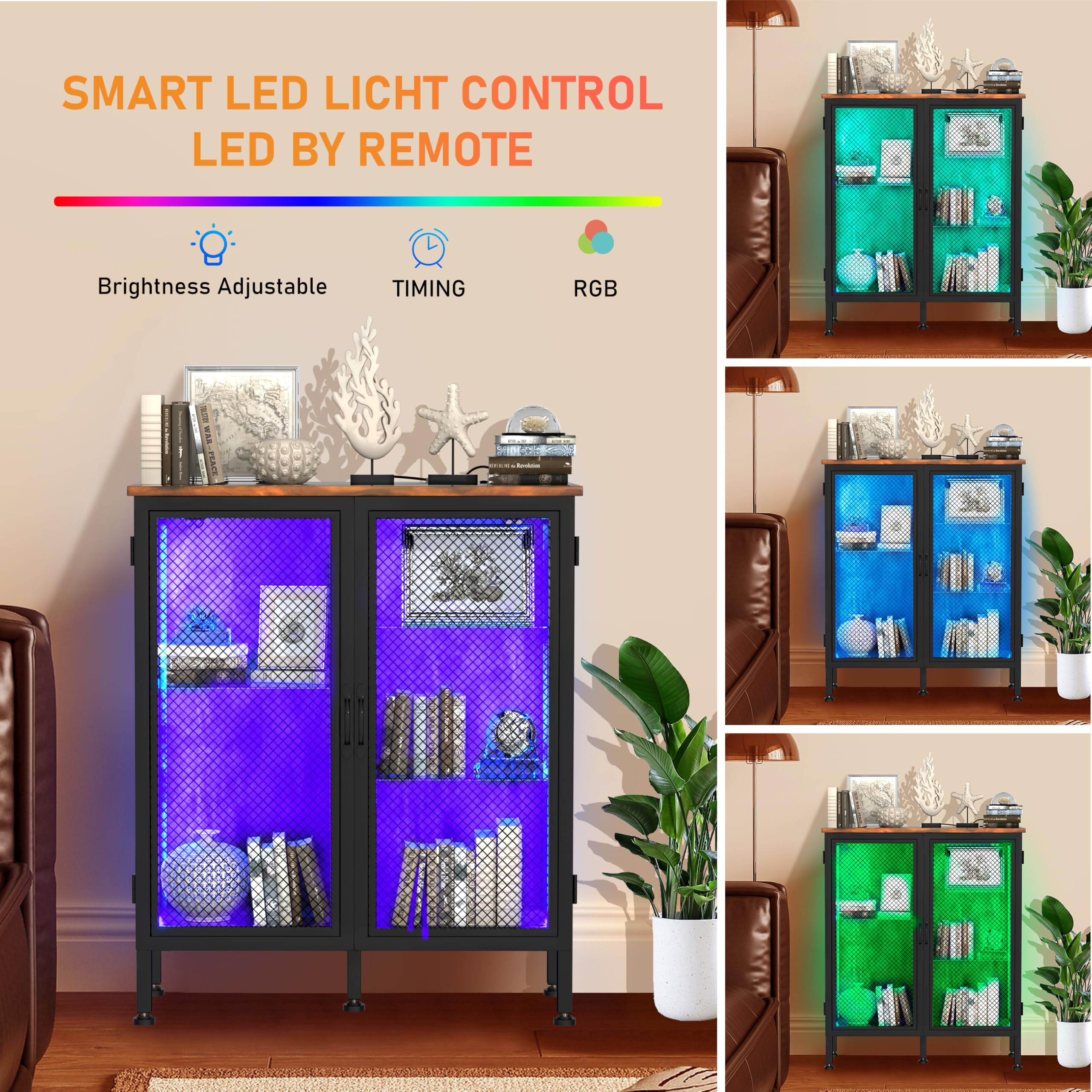 Modern Wine Bar Cabinet with LED Lights & Glass Shelves - Storage Cabinet for Liquor, Coffee & Kitchen Essentials - Perfect for Farmhouse Dining Room & Home Entertaining