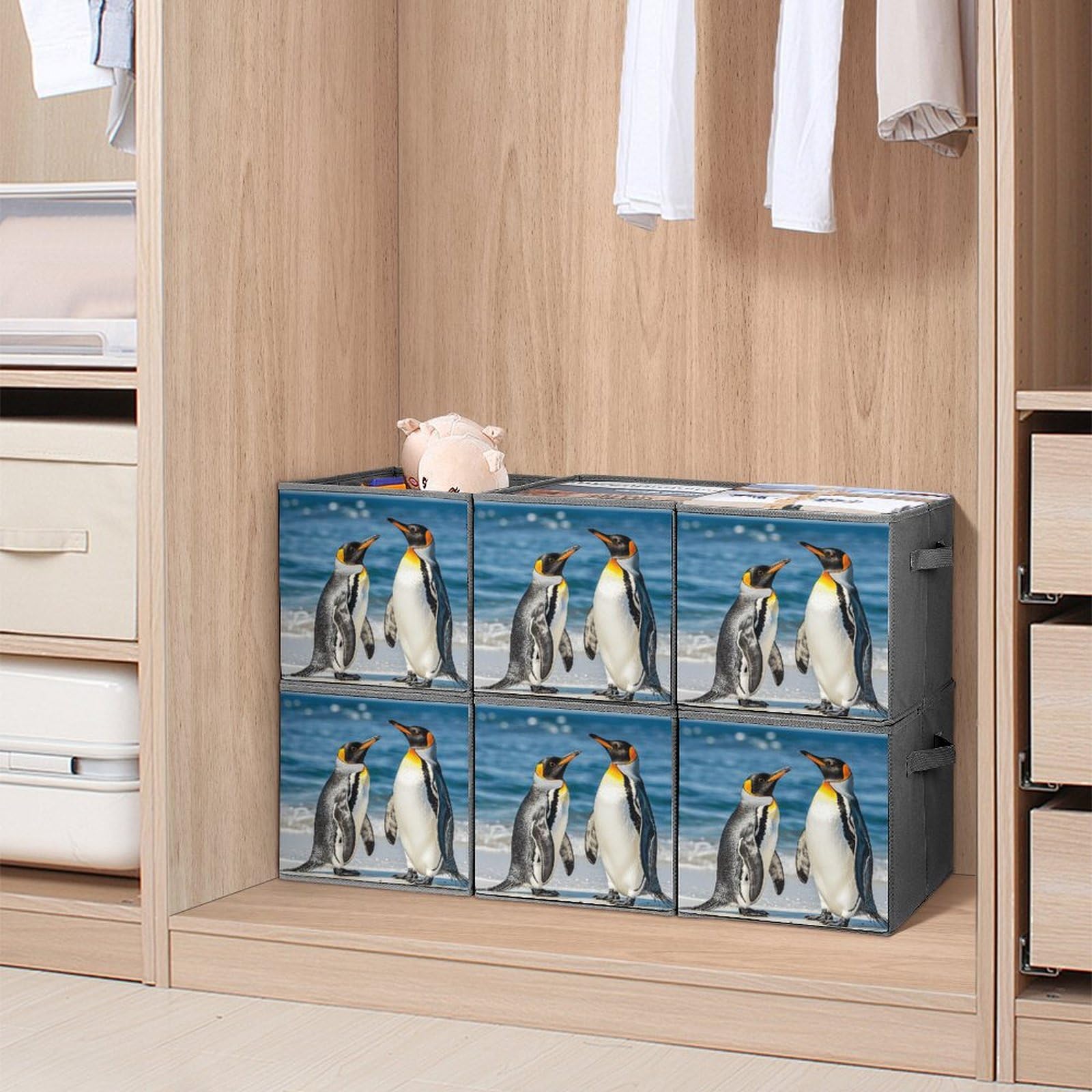 6PCS Collapsible Storage Bins with Handles - Cute Penguin & Ocean Themed Foldable Organizer Boxes for Shelves, Closet, Kids Room & Home Organization - Space Saving Storage Solution for Toys, Books & Household Items