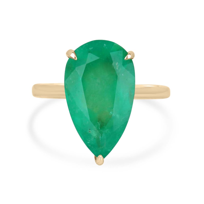 6.28ct Natural Emerald Pear Cut Solitaire Ring - 18K Gold Right Hand Ring with 3-Prong Claw Setting | Perfect for Engagement, Anniversary & Special Occasion Gifts
