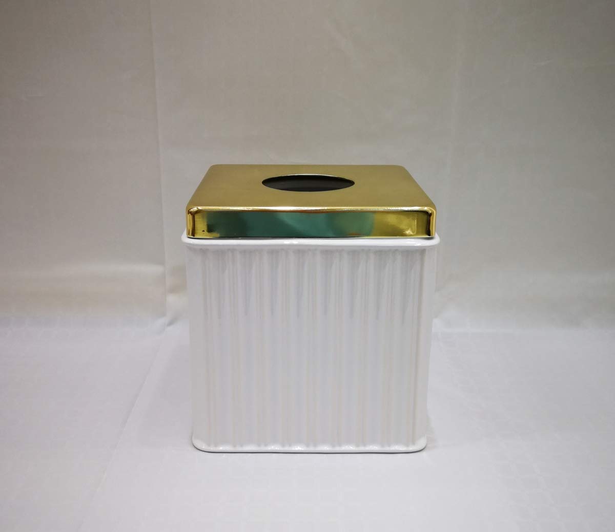 Luxury Panache Ceramic & Gold Tissue Box Cover - Elegant White Bathroom Decor for Vanity, Spa & Guest Room
