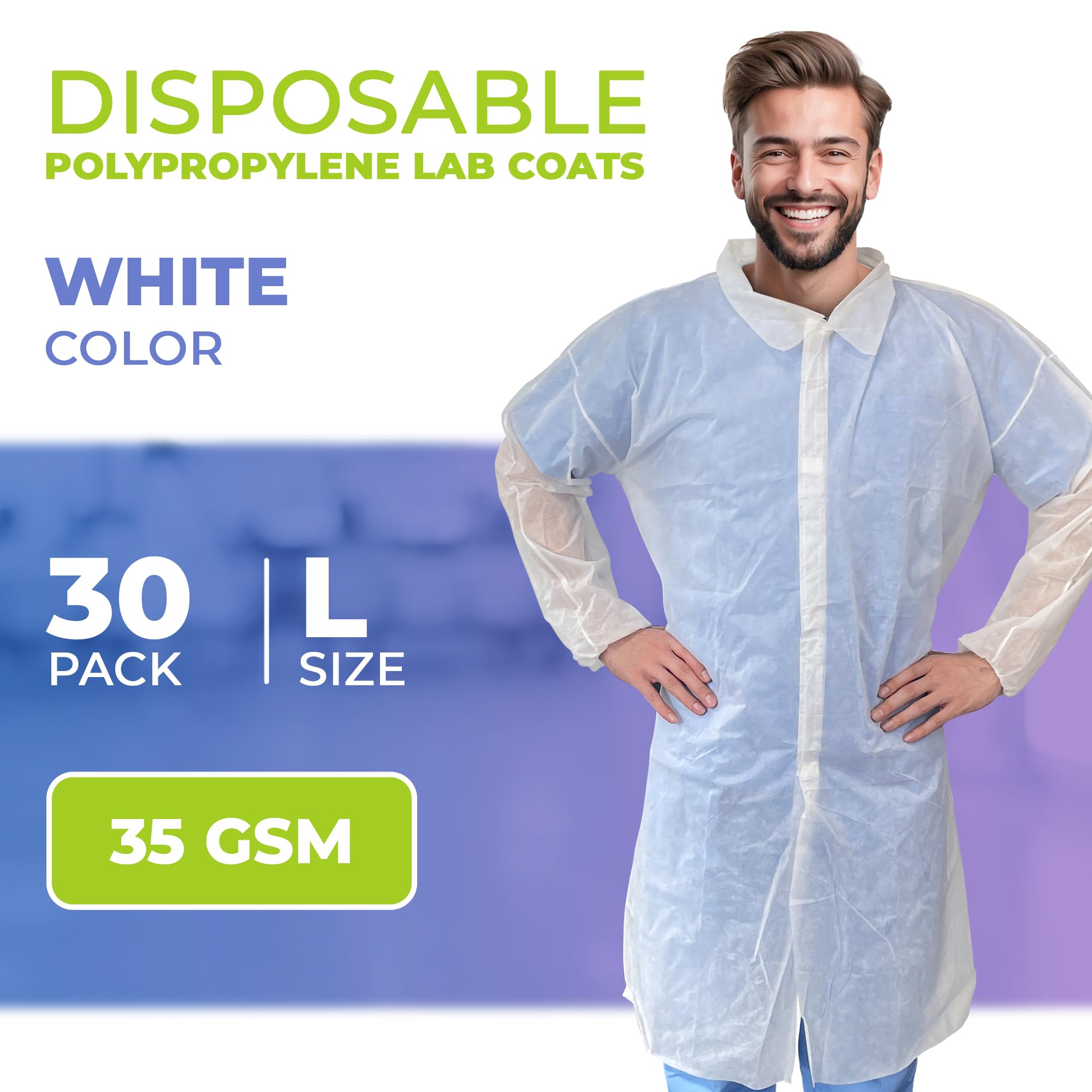 AMZ Medical Supply White Disposable Lab Coat - 30 Pack, 35 GSM Polypropylene Fabric PPE Coat for Adults | Knee-Length Design with Elastic Wrists & Loop Fasteners | Ideal for Medical Professionals, Laboratories, Cleanrooms & Healthcare Settings