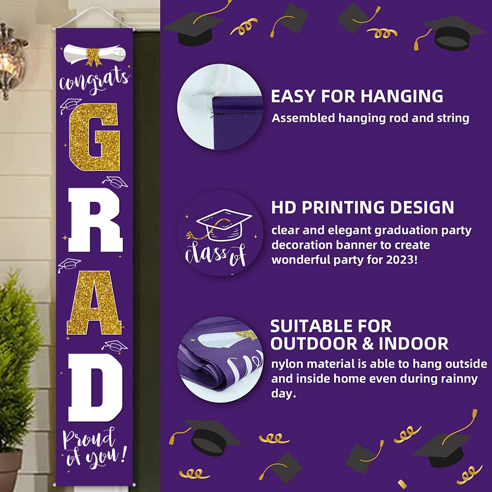Class of 2025 Graduation Banner - Purple & Gold Porch Sign for 2025 Graduates Party | Outdoor & Indoor Graduation Decorations 2025 | Perfect for Graduation Ceremony, Backyard Party & Photo Backdrop