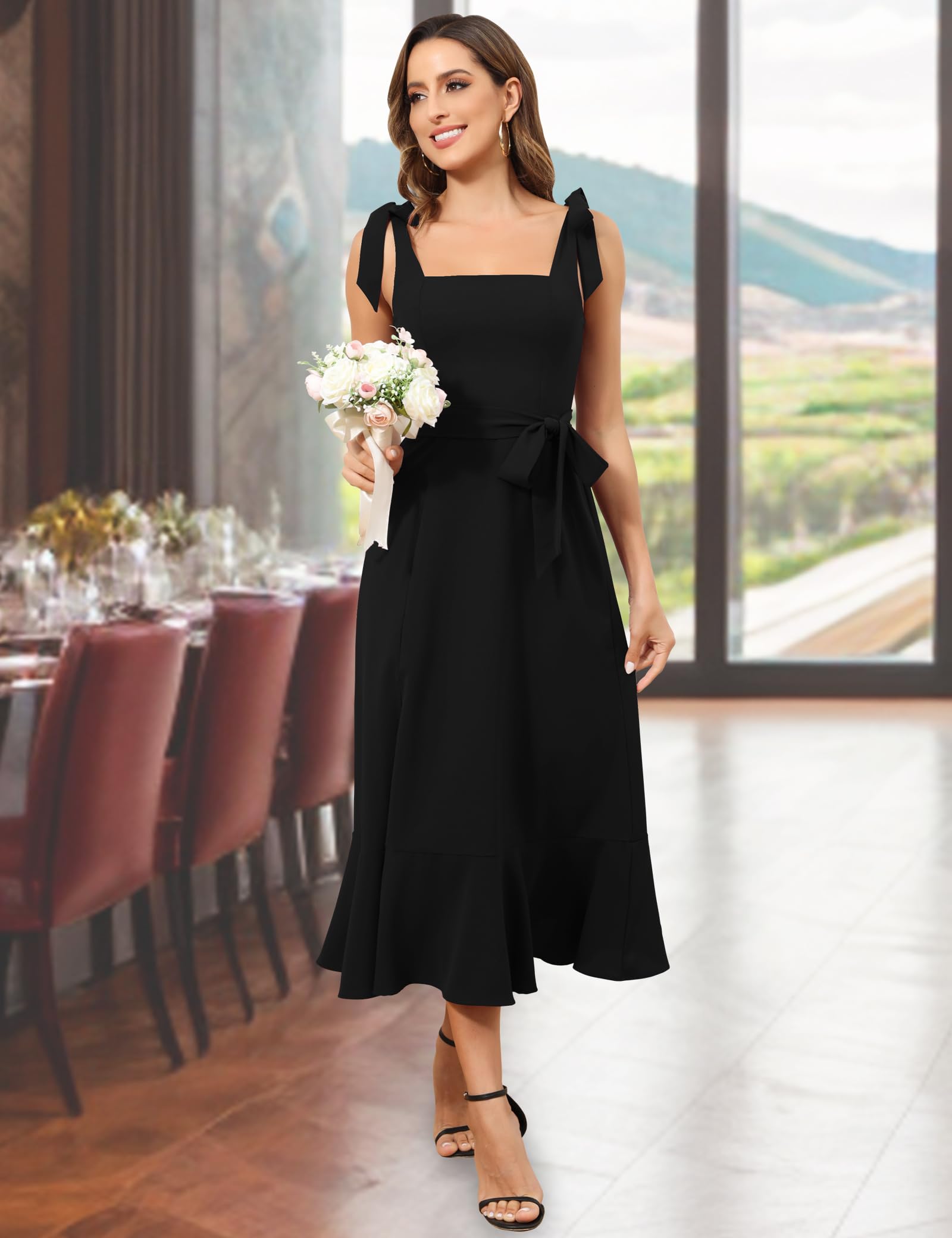 Royal Matrix Women's Midi Dress for Wedding Guest - Square Neck Semi Formal Cocktail Party Dress with Side Slit | Perfect for Bridesmaid, Evening Events & Special Occasions