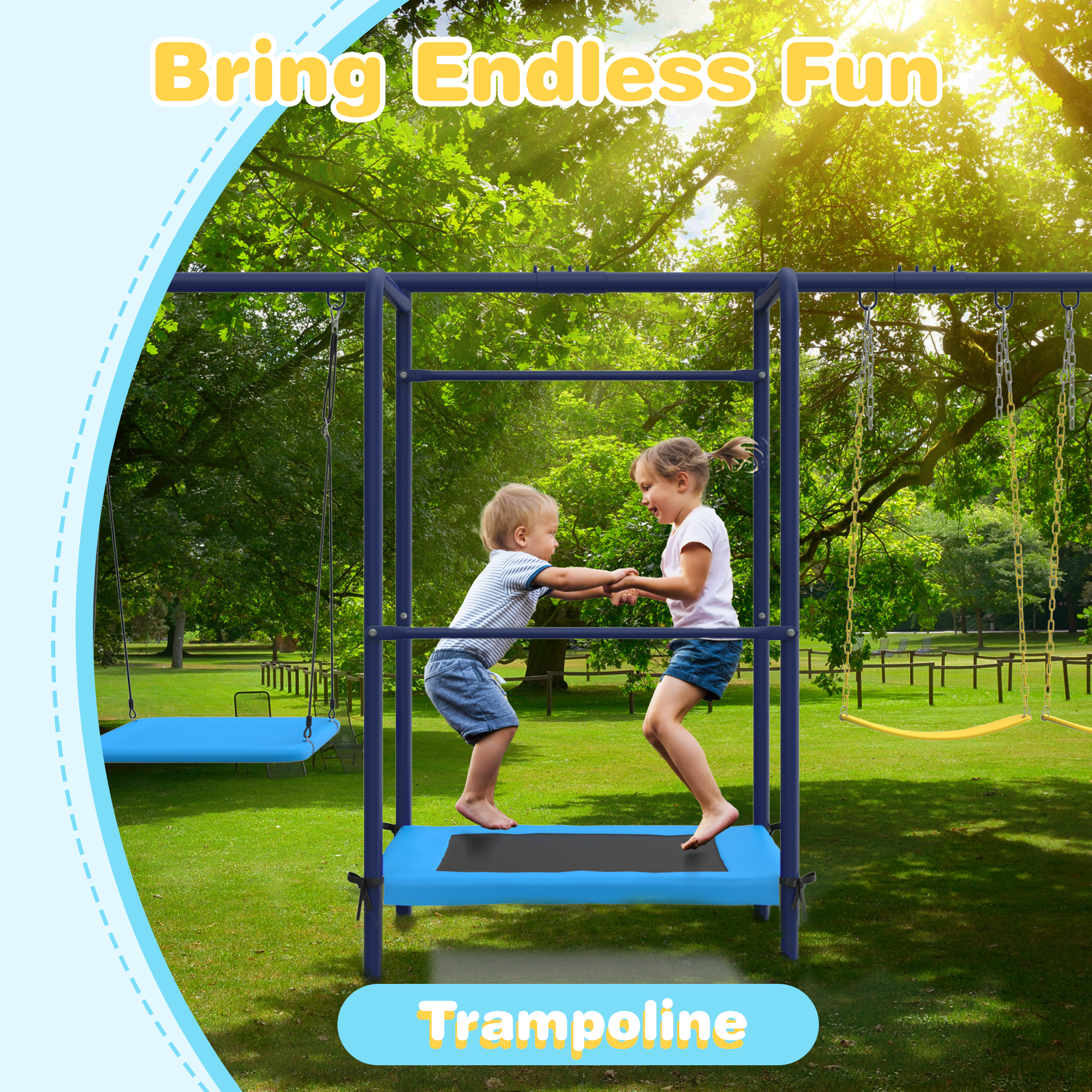 EROMMY 5-in-1 Lifetime Outdoor Swing Set with Trampoline, Saucer Swing, Belt Swings & Basketball Hoop - 440 lbs Weight Capacity - Perfect for Backyard Playground, Family Fun & Kids Outdoor Activities