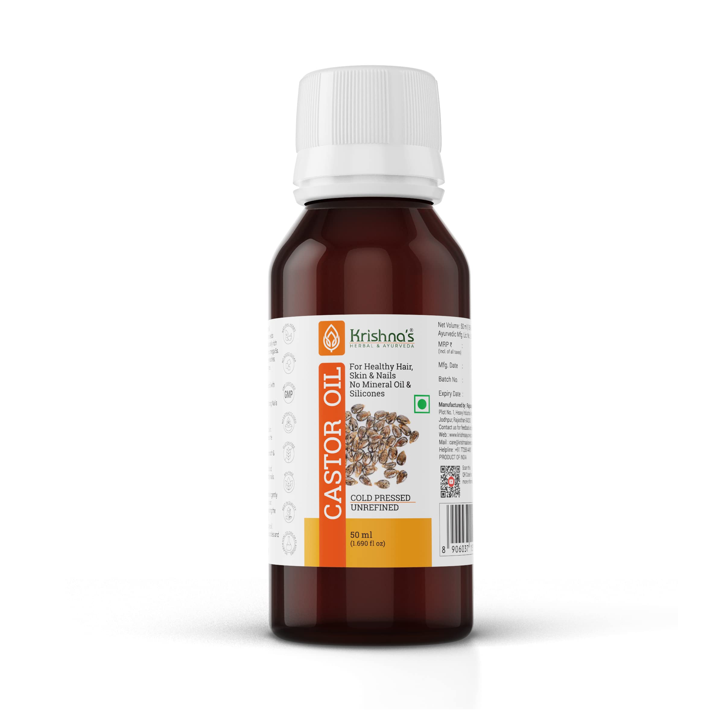 100% Pure Cold Pressed Castor Oil for Hair Growth & Skin Care - 50ml | Organic & Natural | Perfect for Eyelash Growth, Beard Care & Moisturizing Dry Skin