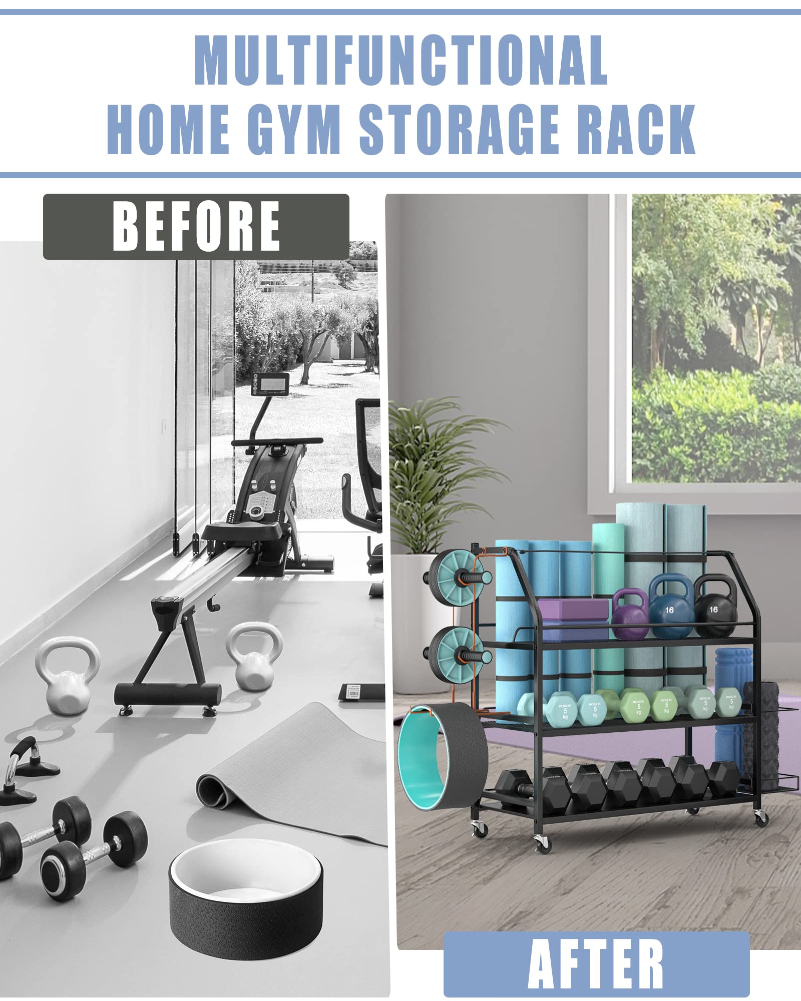 Premium Yoga Mat & Dumbbell Storage Rack - Home Gym Equipment Organizer | Golf Bag & Club Holder - Space-Saving Workout & Golf Gear Storage Solution for Home, Garage, or Studio