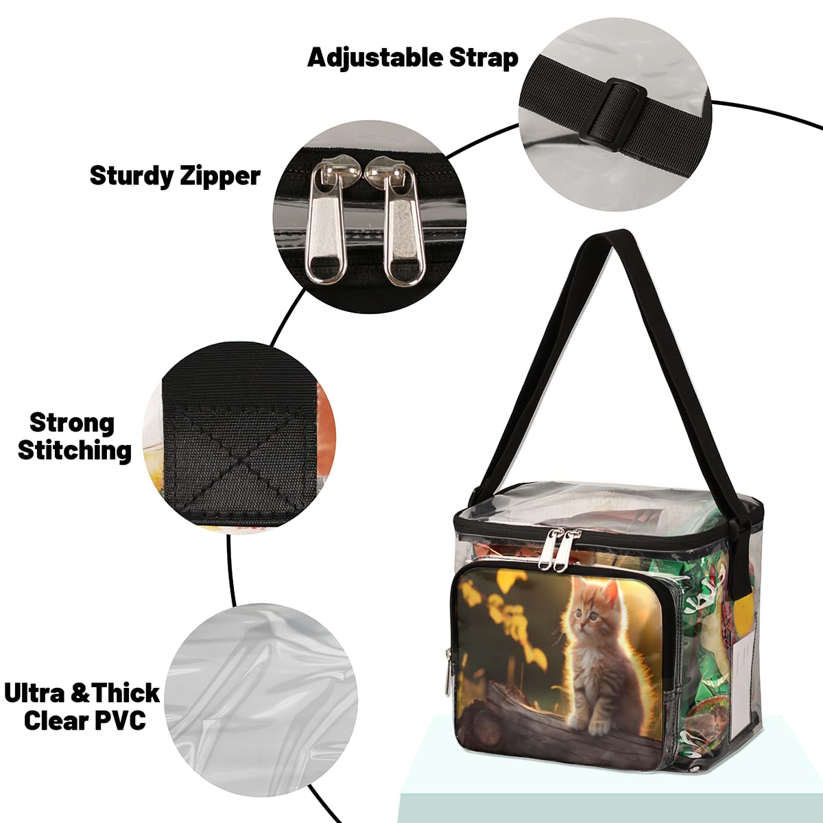 GzLeyigou Clear Cat Tote Bag - Wooden Handle Transparent Crossbody Shoulder Purse for Lunch, Outdoor, Travel, Picnic, Concerts & Sports Events | Perfect for Cat Lovers, Stadium Approved Carry-On & Daily Use