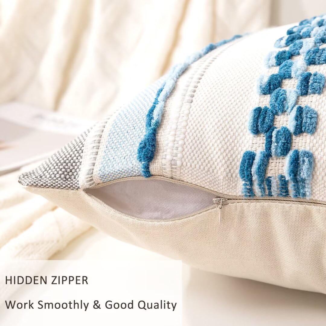 Boho Throw Pillow Covers 18x18 Inch Set of 2 - Farmhouse Decorative Square Cushion Cases with Striped Chenille Design, Neutral Accent Pillow Covers for Sofa, Couch, Bedroom & Living Room Decor - Sky Blue