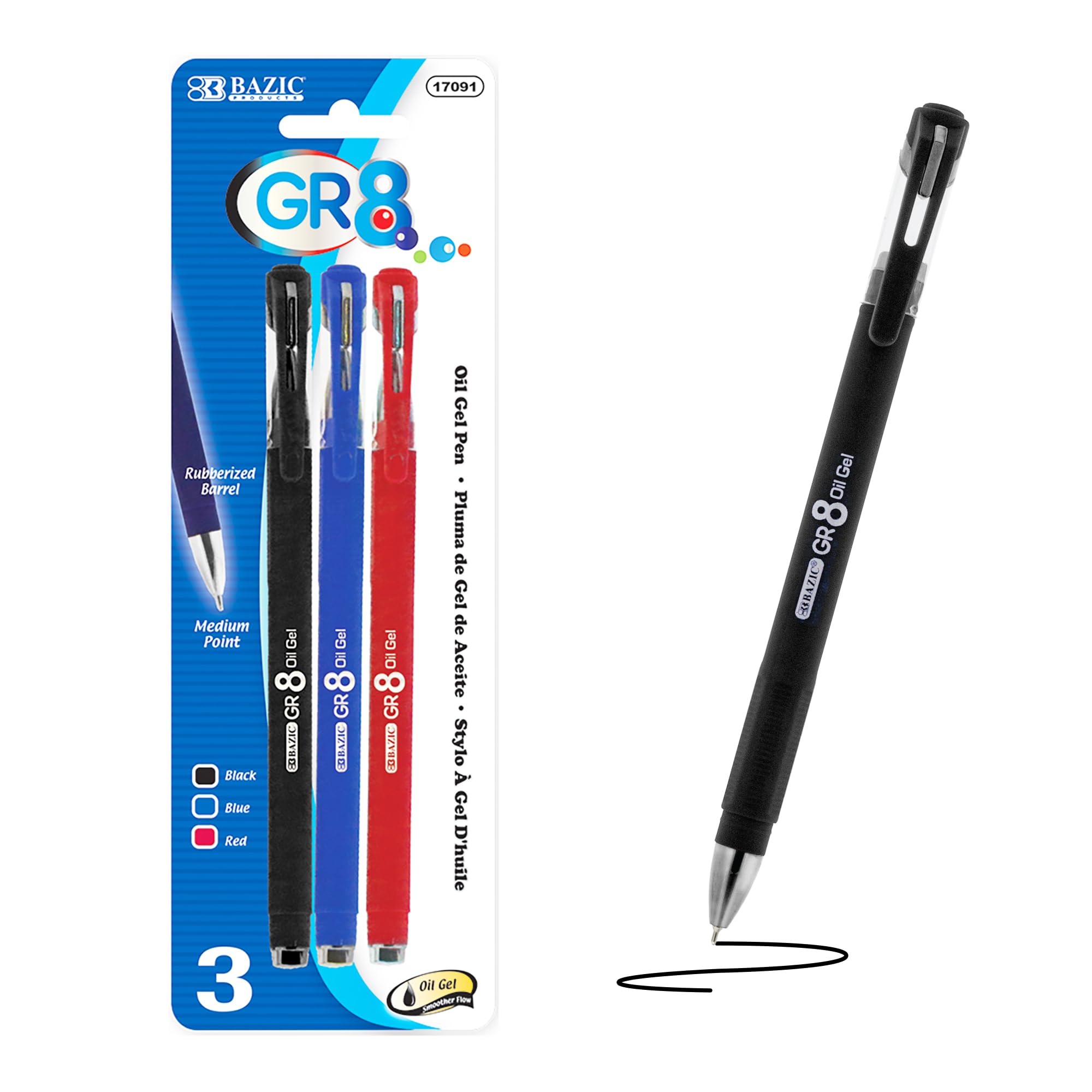 BAZIC 0.7mm Medium Point Oil Gel Ink Pens - 144-Pack with 3 Assorted Colors per Pack, Rubberized Barrel for Comfort & Smooth Writing - Ideal for Office, School, Note Taking & Art Projects