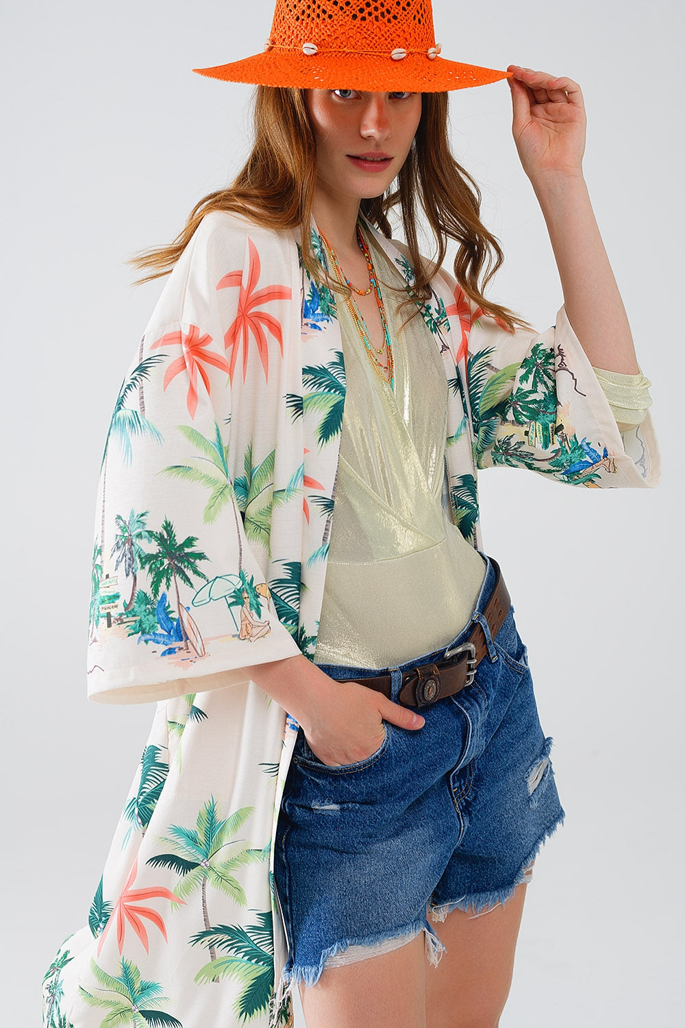 Cream Open Kimono with Beach Print - Mid-Length Boho Cover Up for Women | Perfect for Beach Vacations, Poolside Lounging & Summer Outfits