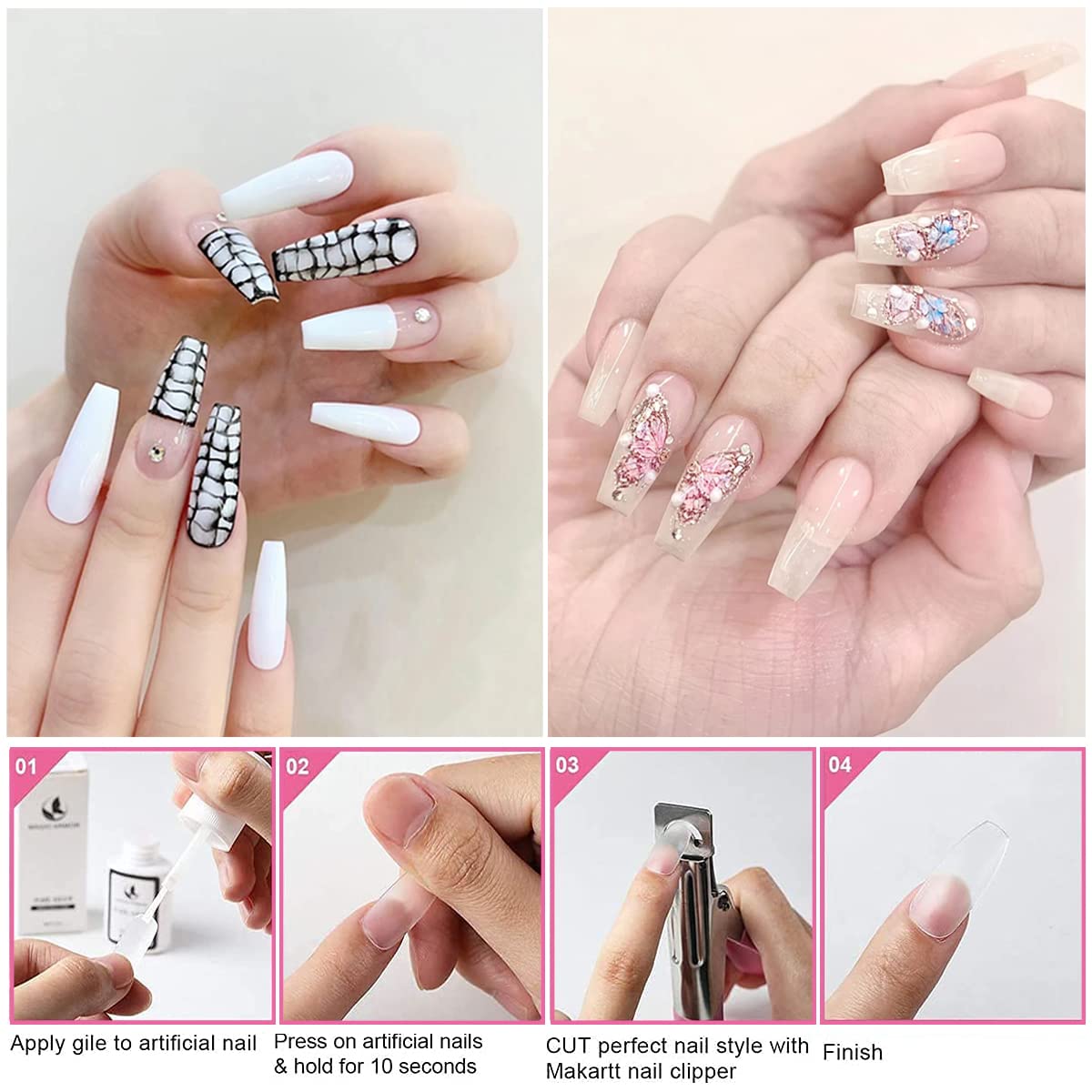550Pcs MAGIC ARMOR Nail Tips Kit - Coffin Long False Nails with Glue, 10 Sizes Nail Capsules for DIY Nail Art & Extension | Perfect for Salon, Home Manicure & Party Nail Designs