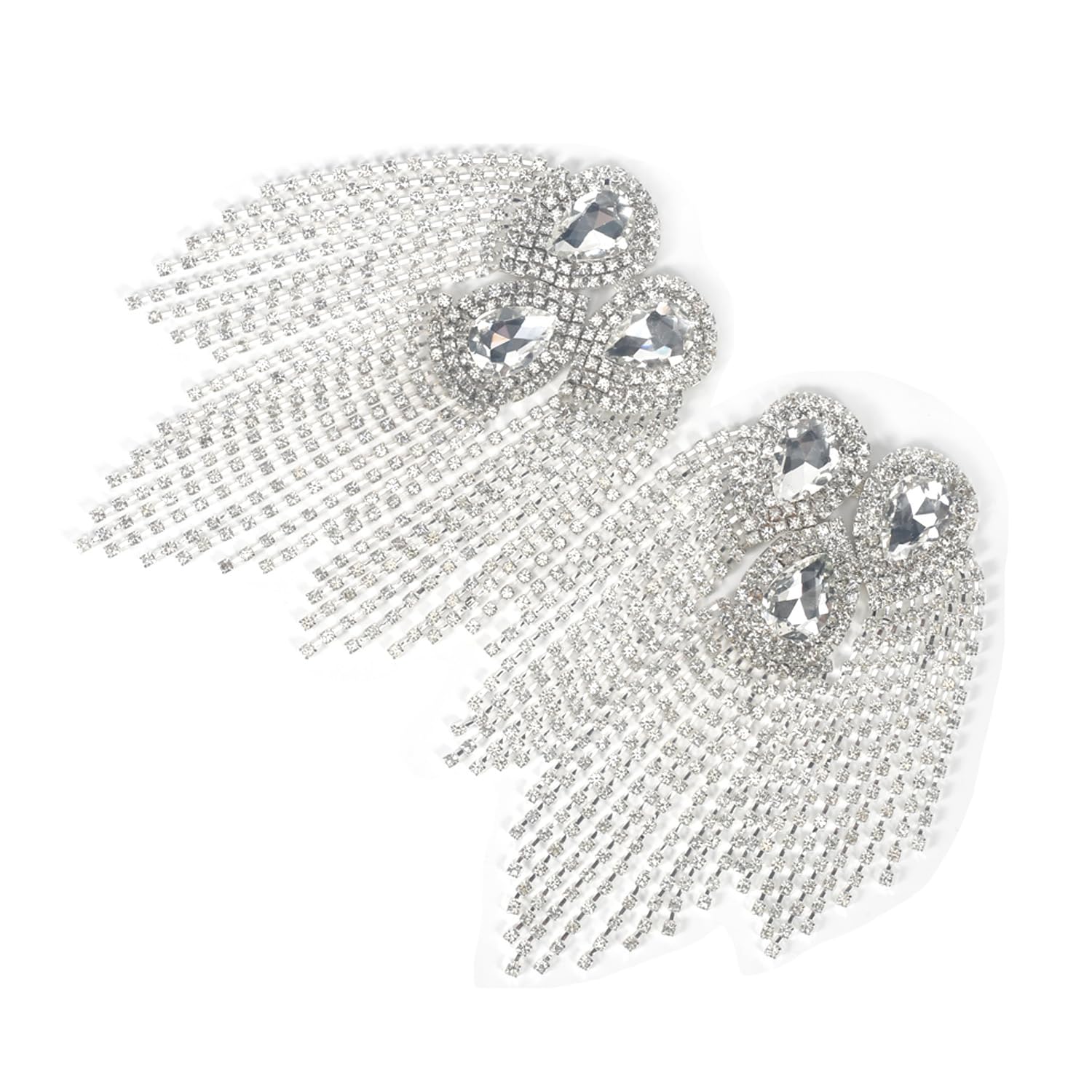 2 Pcs Silver Crystal Fringe Shoulder Epaulettes - Waterdrop Design Rhinestone Tassel Appliques for Women's Fashion Clothing & Accessories | Perfect for Evening Dresses, Costumes & Party Outfits