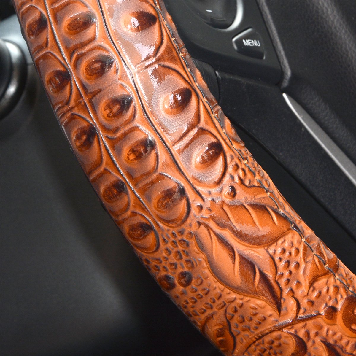 Universal 15 Inch Car Steering Wheel Cover - Anti-Slip Leather Protector with Flower Grain (Brown) | Perfect for Cars, Trucks & SUVs - Enhances Grip & Comfort for Long Drives
