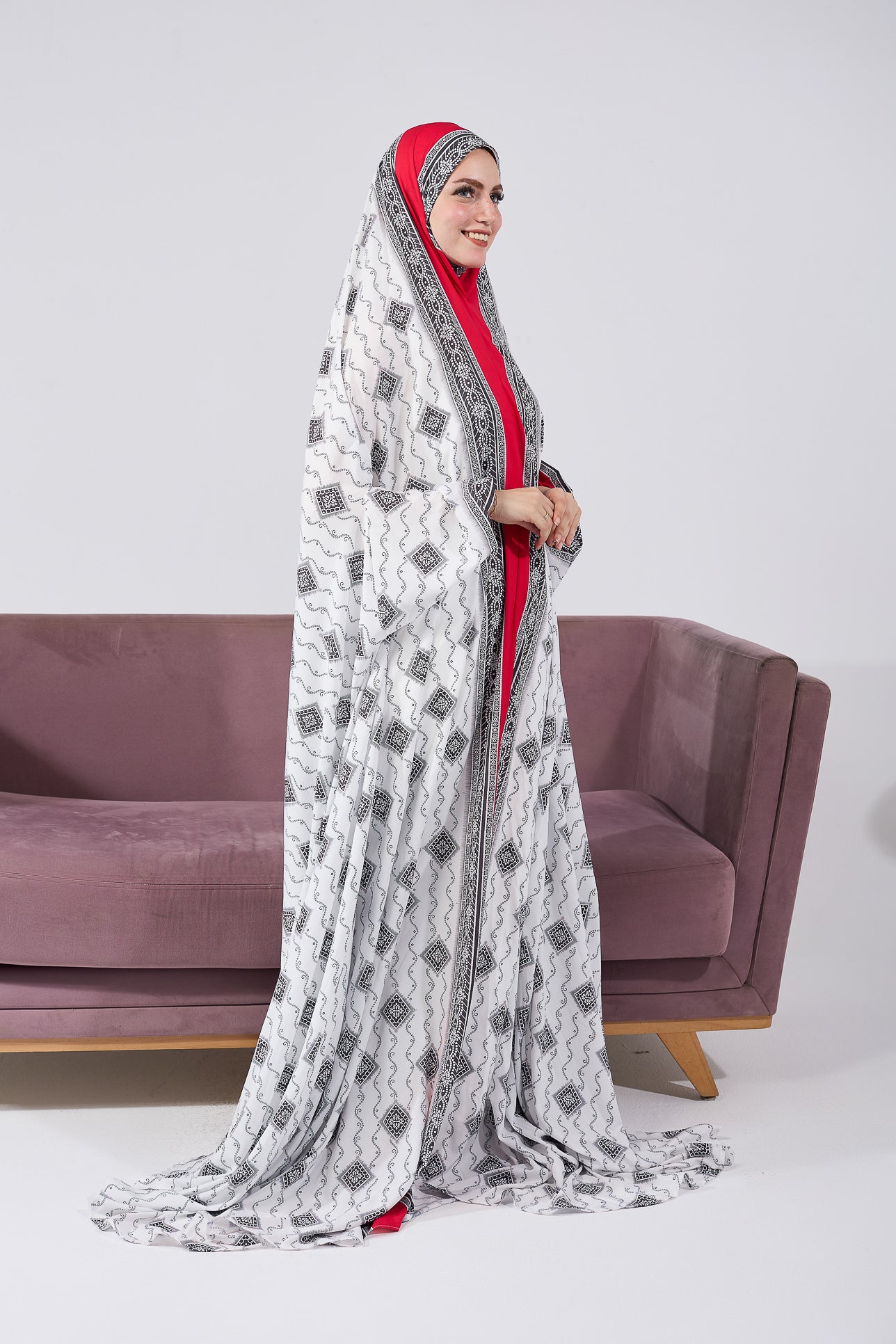 Elegant Arij Satin Prayer Gown with Ornate Black & White Print - Perfect for Islamic Prayer, Religious Ceremonies & Special Occasions
