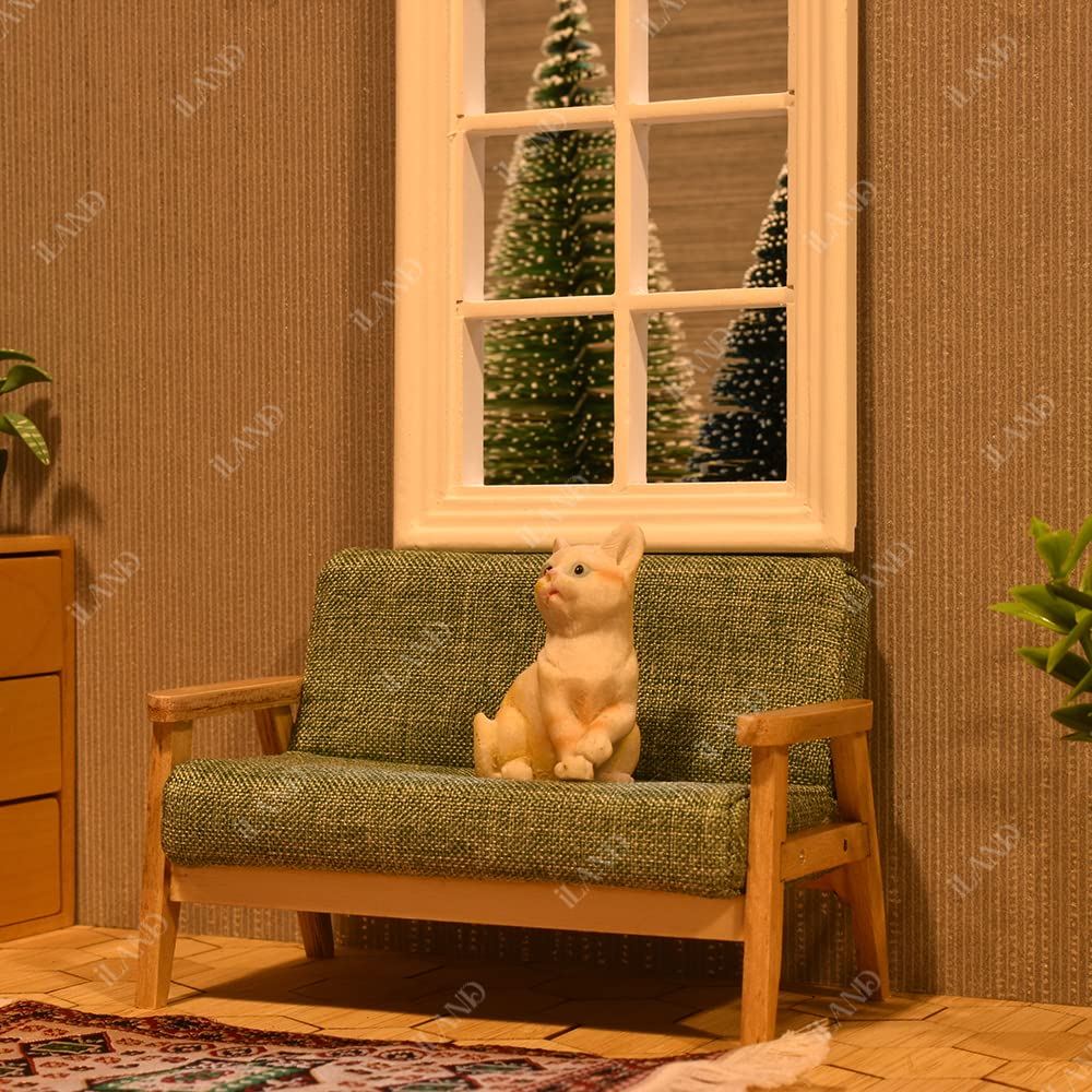 1/12 Scale Dollhouse Couch & Miniature Sofa Set with Houndstooth Cushions - Grey Green Doll Furniture for Living Room Decor | Perfect for DIY Dollhouse Projects & Collectible Displays