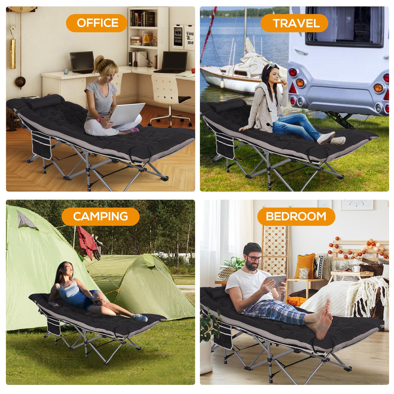 2 Pack Heavy Duty Folding Camping Cots with Pillow & 3