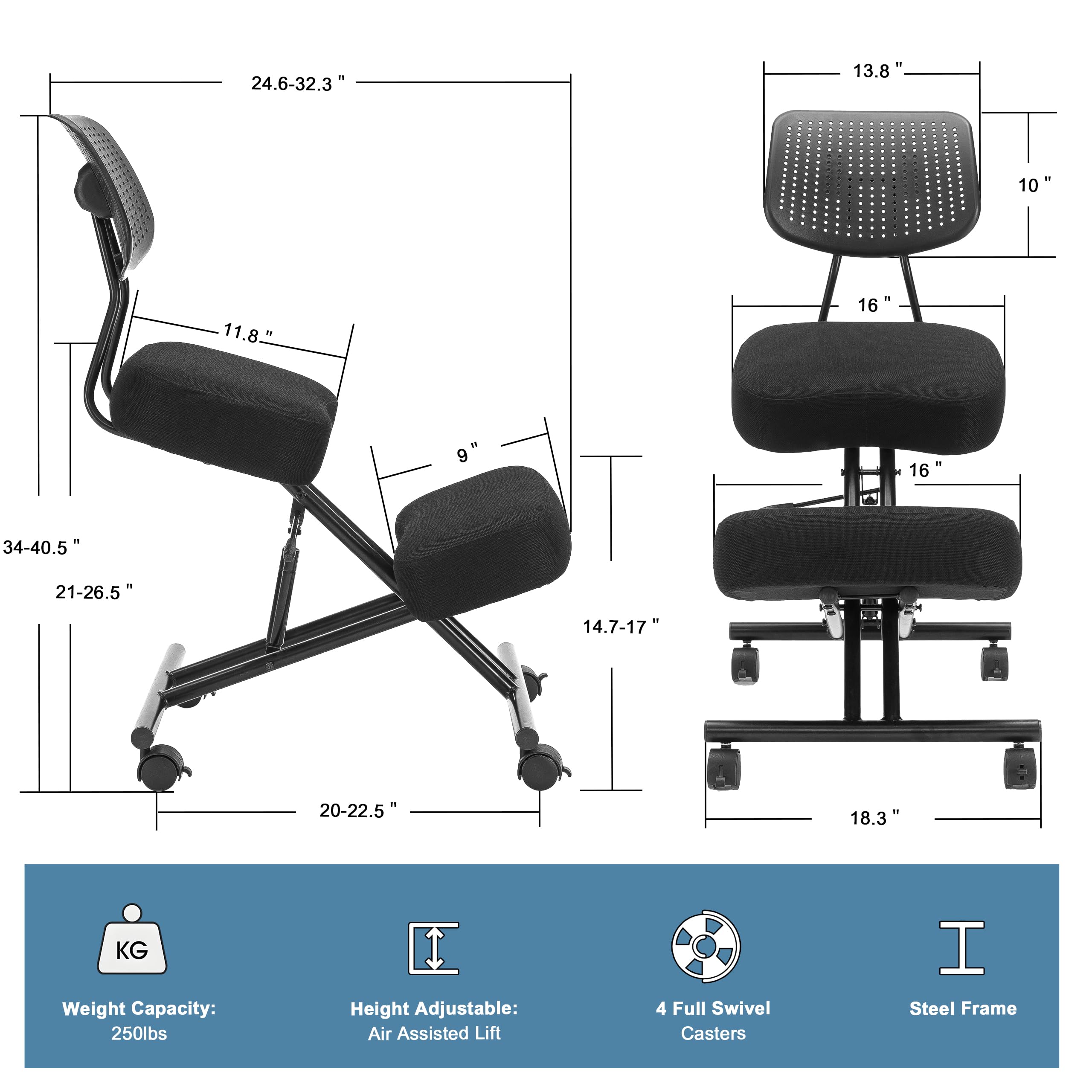 Ergonomic Kneeling Chair with Back Support - Adjustable Posture Stool for Office & Home Use, Black Linen Fabric with Brake & Gliding Casters - Relieves Back Pain, Improves Posture | Perfect for Home Office, Meditation & Reading Nook