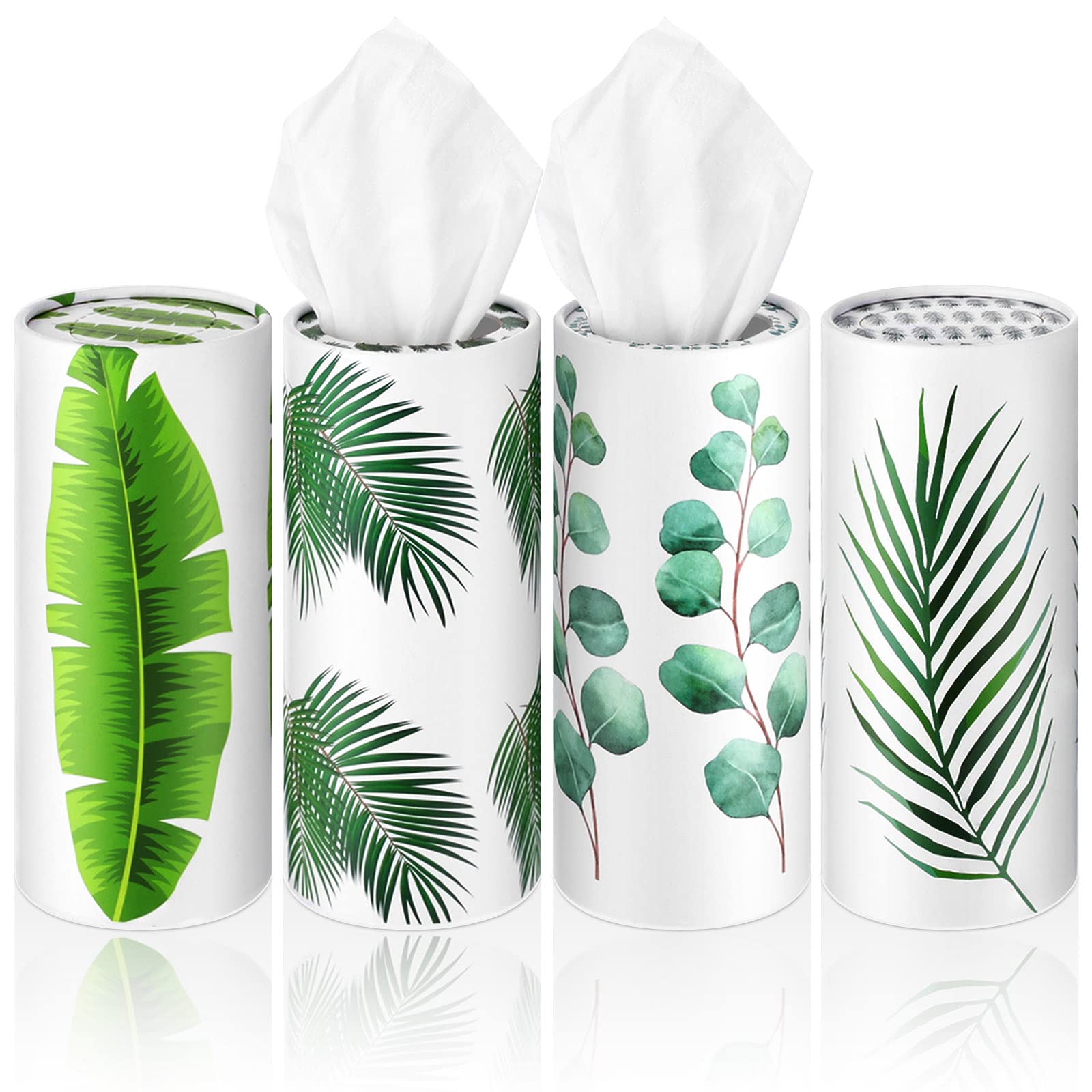 4 Pack Car Tissue Holder with Bulk Facial Tissues - Round Cylinder Tissue Tubes for Car Cup Holder, Travel, Home, Bathroom & Office - Bohemia Style Design for Easy Access & Organization