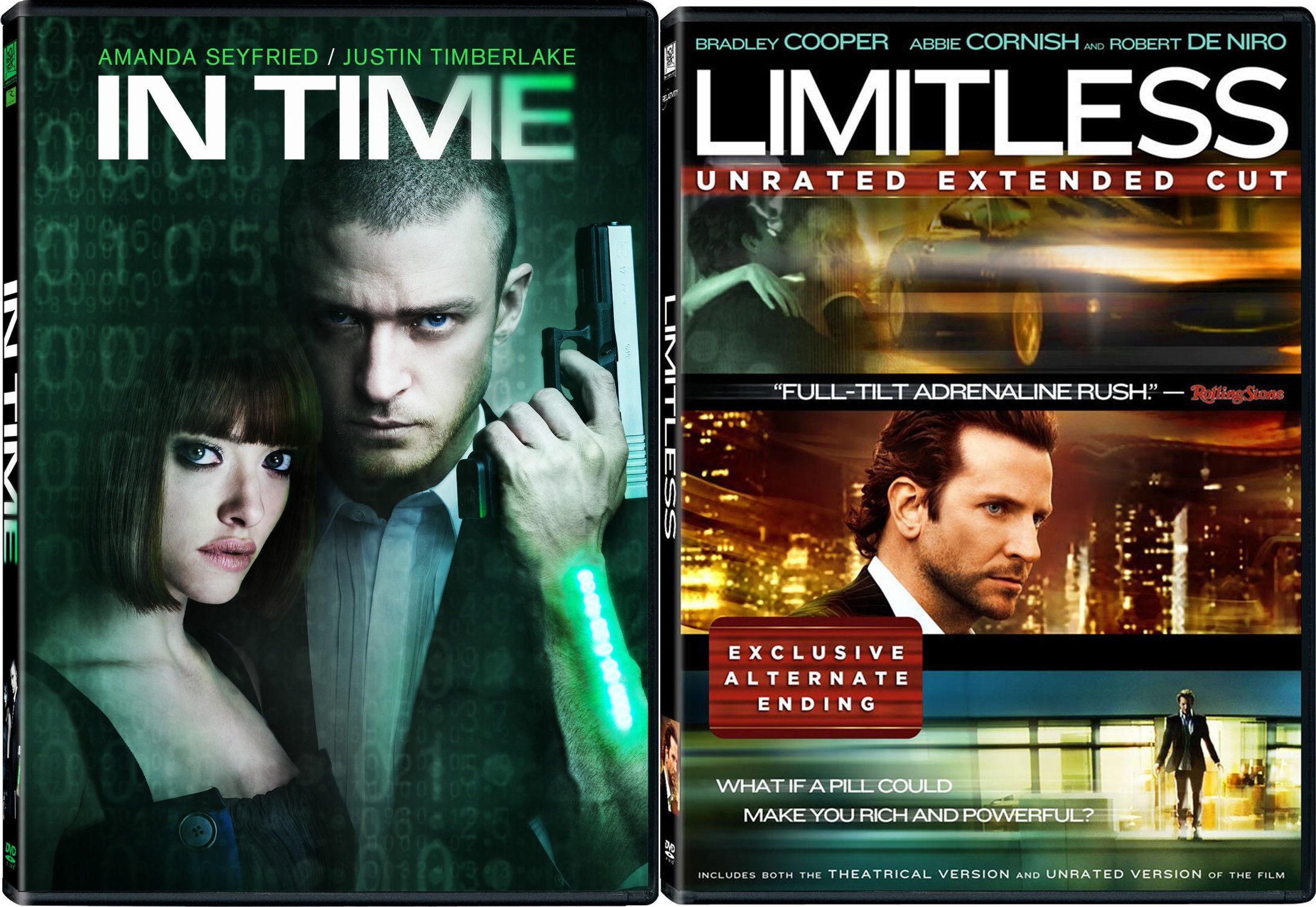 Limitless (Unrated) & In Time DVD 2-Pack | Sci-Fi Mystery Action Movie Collection | Perfect for Movie Nights & Sci-Fi Fans