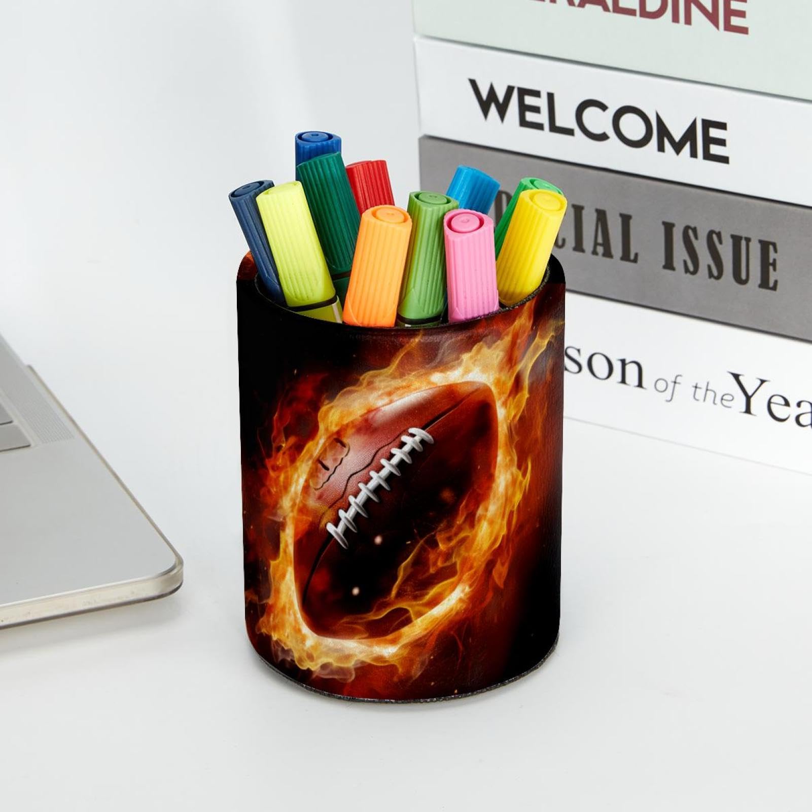 Desk Pen Holder & Pencil Organizer - American Football & Fire Design Office Supplies for Home, School, and Workplace Organization