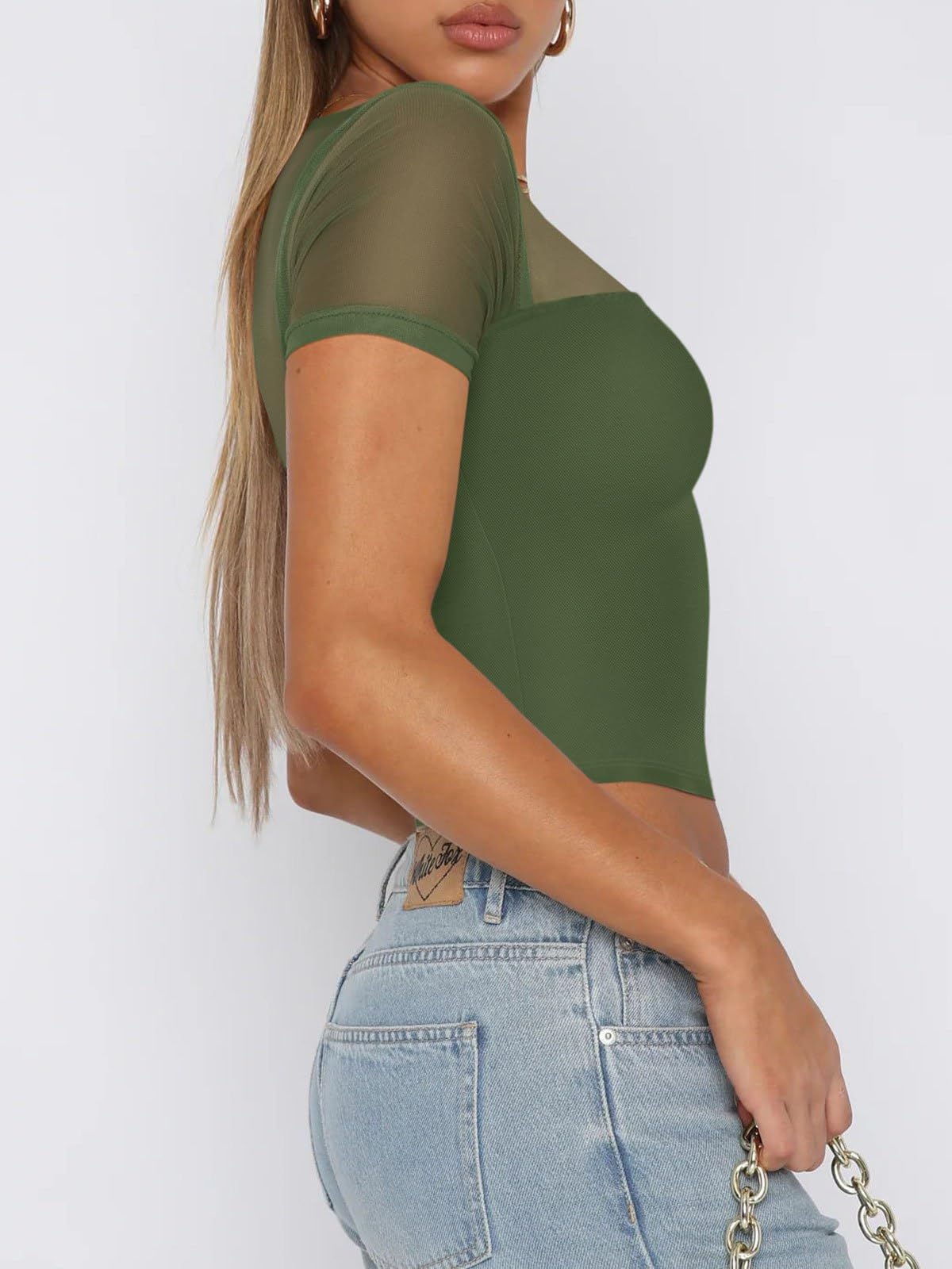 REORIA Women's Sexy Crew Neck Short Sleeve Mesh Crop Top T-Shirt - Summer Trendy Slim Fit Sheer Tee for Going Out, Party, Beach & Casual Wear