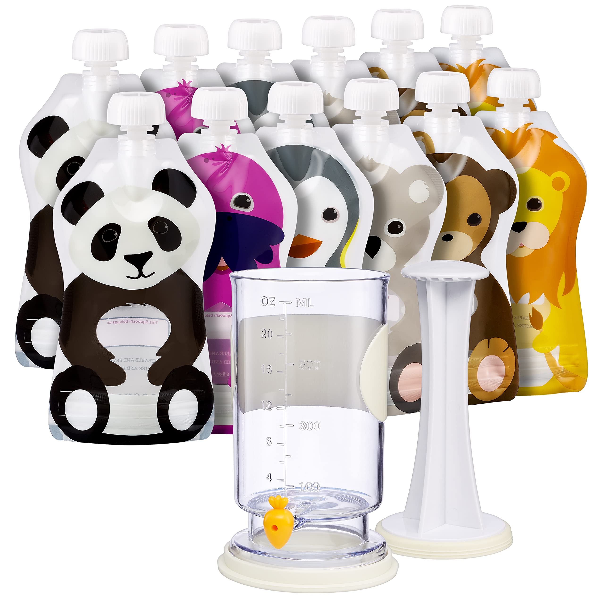 Squooshi Food Pouch Filler with 12 Large 5oz Reusable Pouches - Baby Food Storage & Snack Pouch Maker for Homemade Purees, Yogurt & Applesauce - Perfect for On-the-Go Meals, Travel & Daycare Snacks