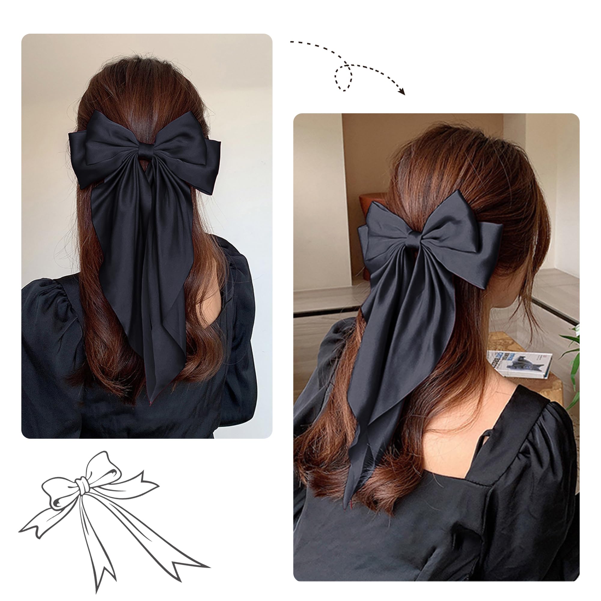 Elegant Silk Hair Accessories - Large Satin Bow Clips for Women & Girls | Black Hair Ribbons & Stylish Hair Bows for Parties, Weddings & Everyday Wear