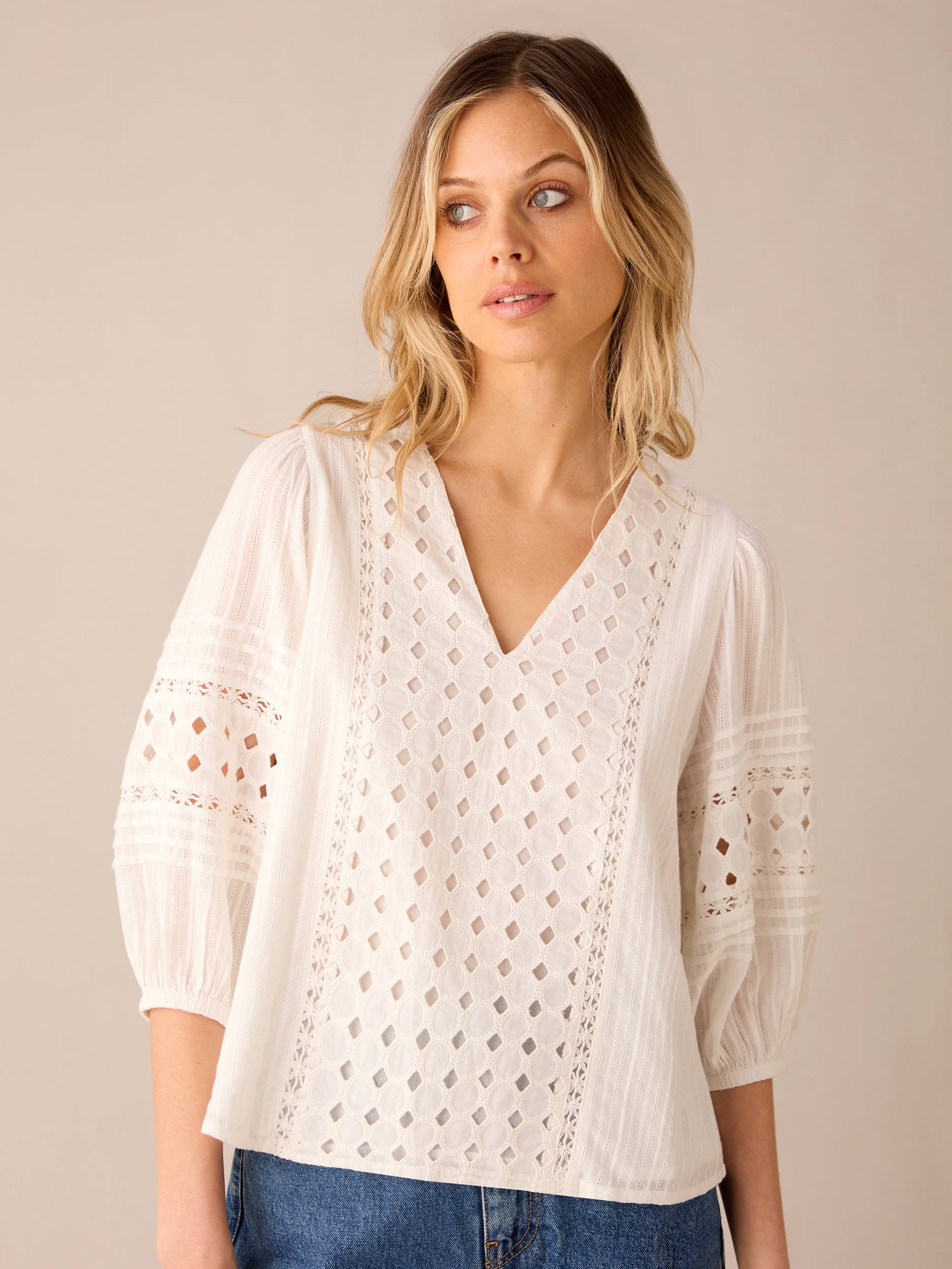 Elegant White Broderie V-Neck Blouse for Women - Floral Lace Summer Tops - Perfect for Casual Outings, Office Wear & Date Nights