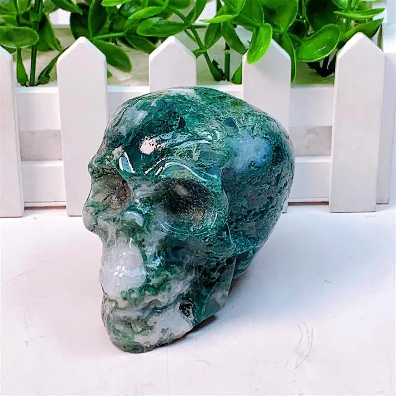 9CM Natural Moss Agate Skull Crystal Carving - Healing Energy Stone for Meditation, Halloween Gifts & Home Decor (1PC) | Perfect for Spiritual Healing, Yoga Spaces & Gothic Decorations