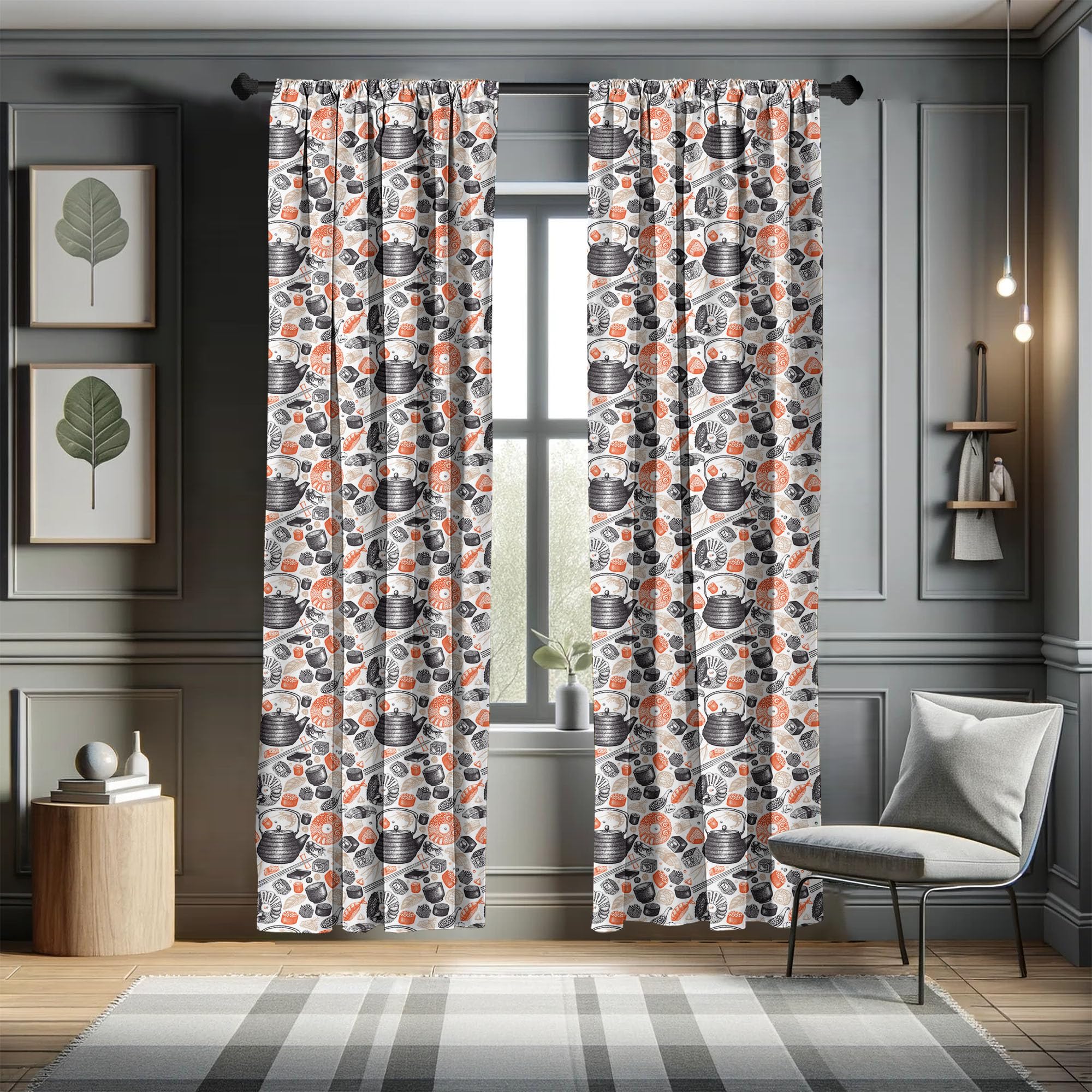 Ambesonne Sushi Curtains - Black Salmon Beige, 28x63 Inch for Kitchen & Dining