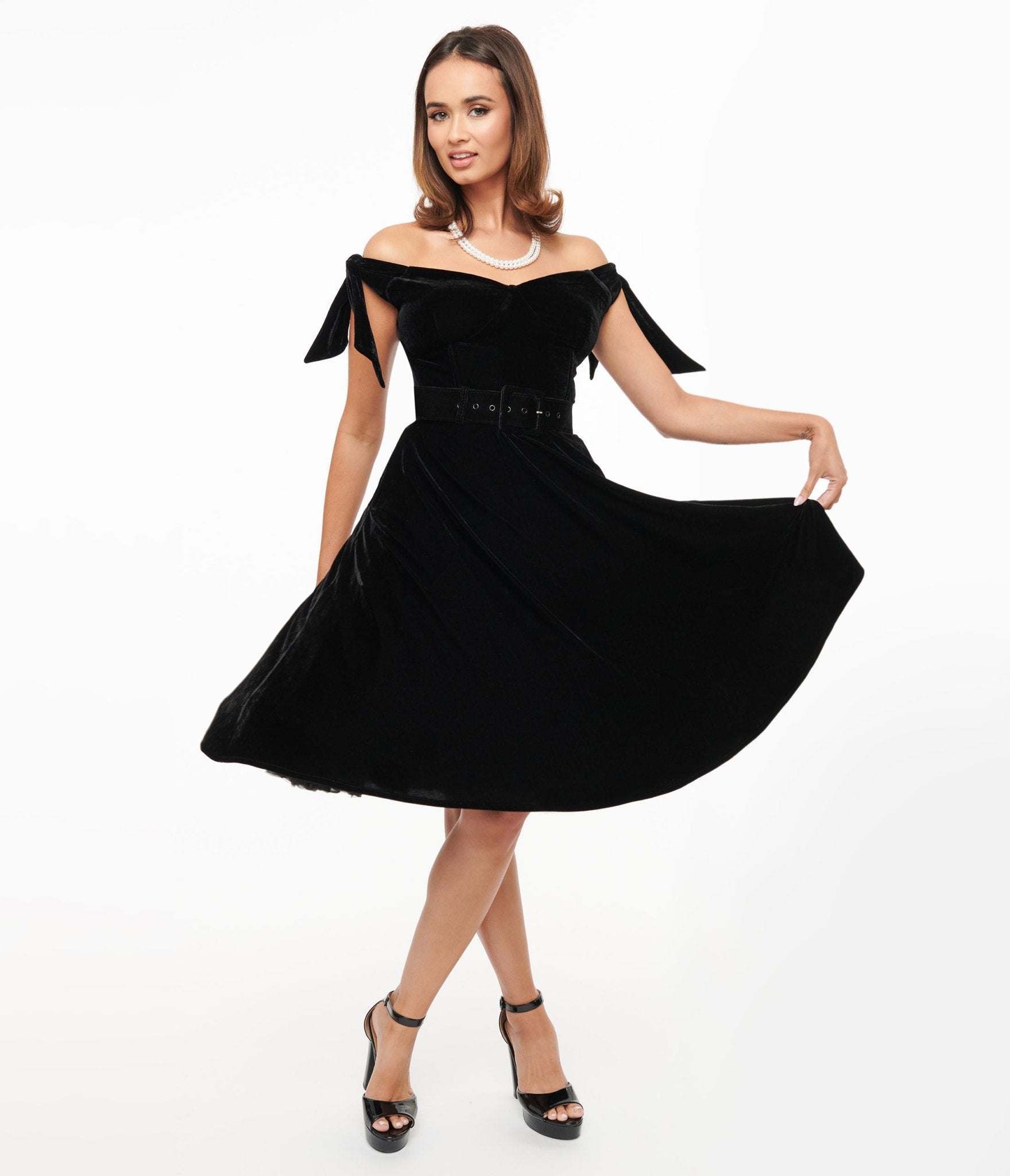 Vintage 1960s Black Velvet Off Shoulder Swing Dress - Retro Cocktail Party & Formal Evening Gown for Women