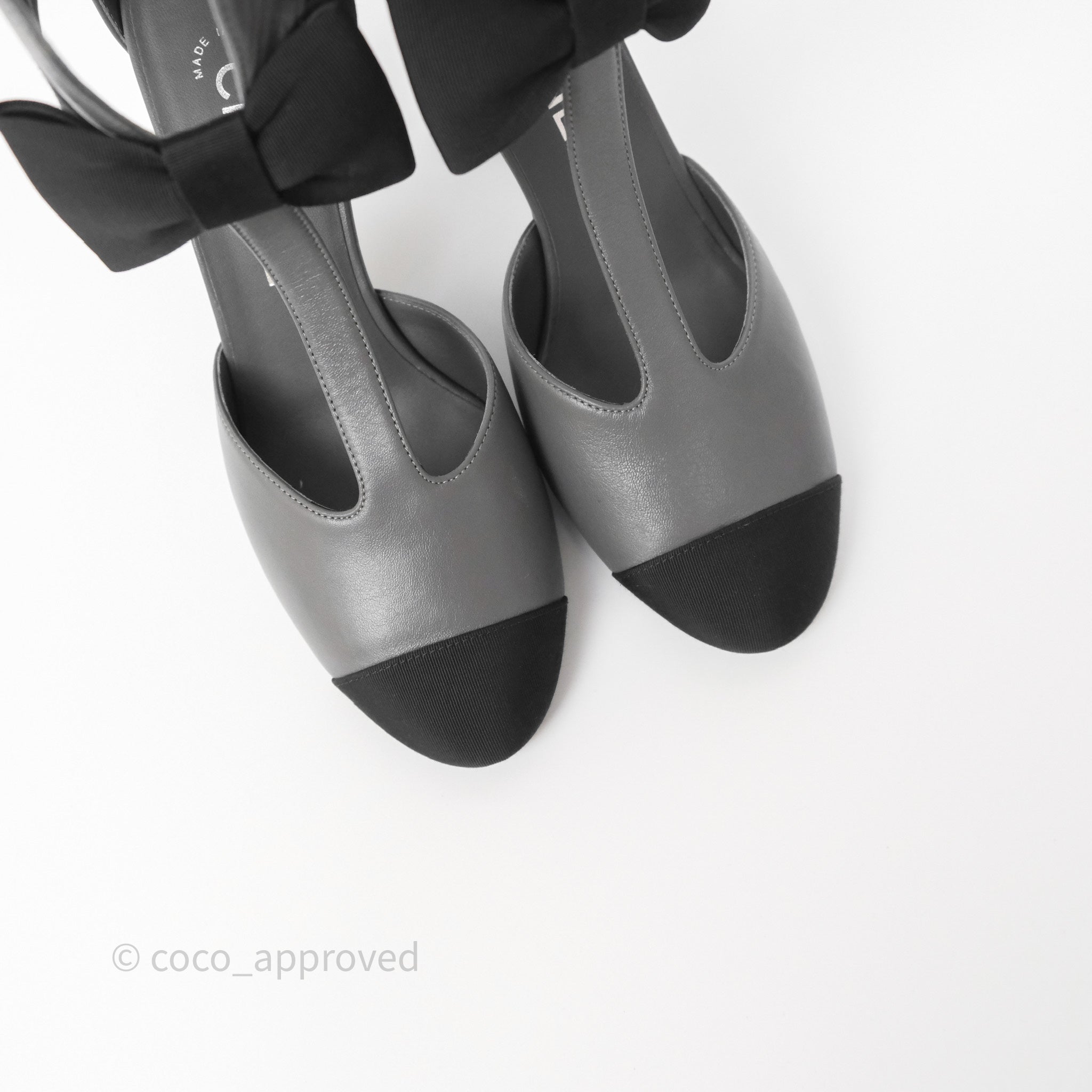 Chanel Cap Toe Bow Ankle Strap Sandals - Grey & Black Lambskin Leather - Perfect for Summer Weddings & Evening Events
