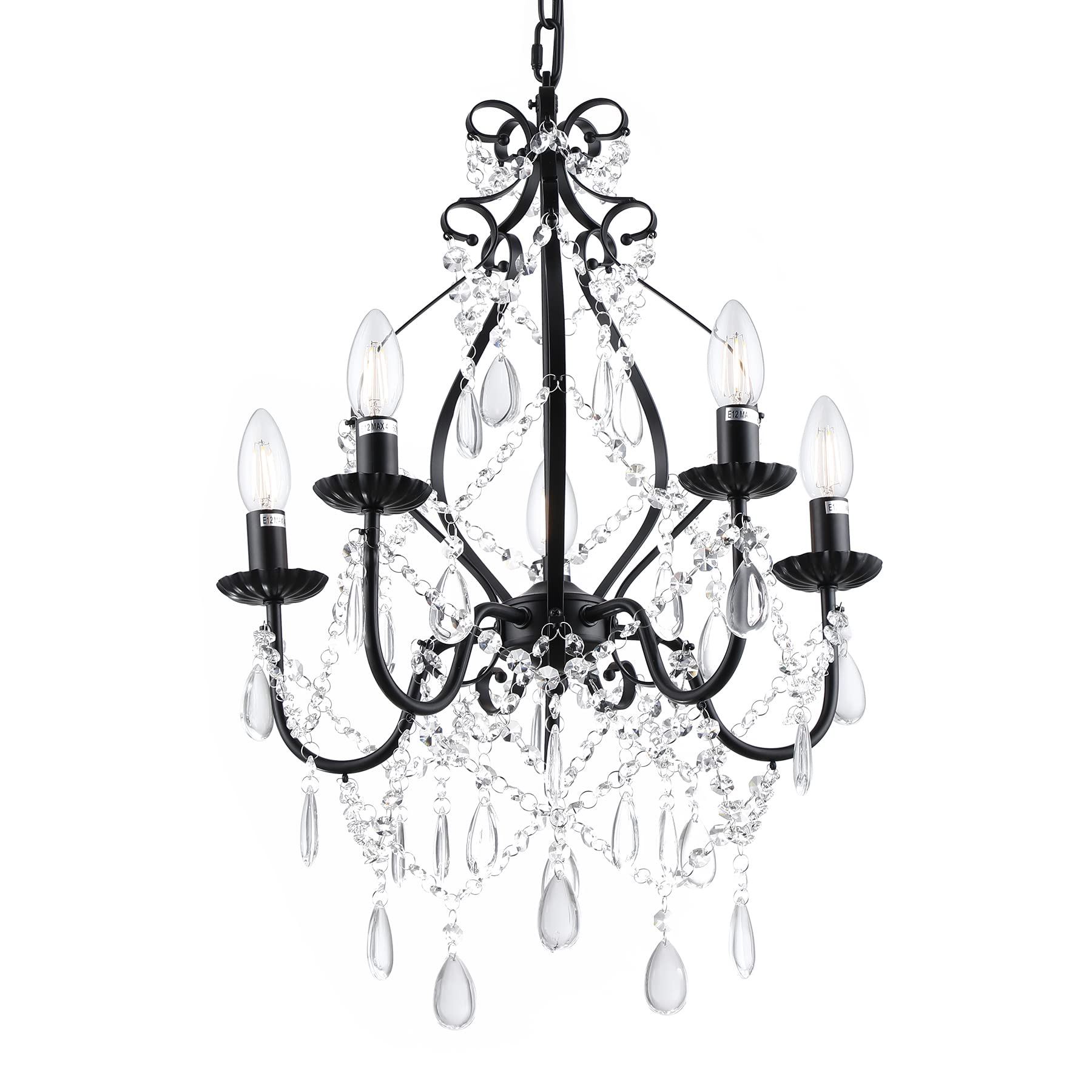Riomasee 5-Light Mini Crystal Chandelier - Black Iron Ceiling Light Fixture with K9 Crystal Raindrops for Bedroom, Dining Room, Living Room, Kitchen | Elegant Lighting for Home Decor, Wedding Venues & Restaurants