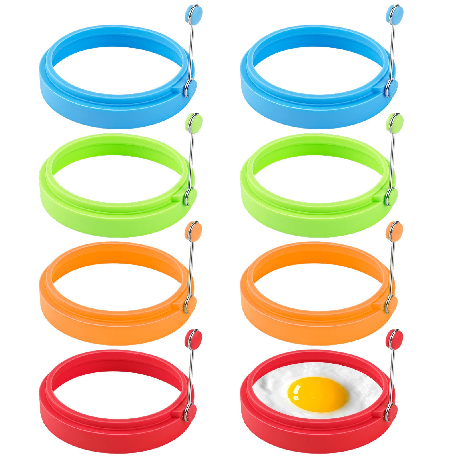 8 Pack Silicone Egg Rings for Perfect Round Eggs - Non-Stick Frying Pan Egg Molds (4 Inch/10cm) - Red, Blue, Green, Orange - Dishwasher Safe & Easy to Use - Ideal for Breakfast, Pancakes, Burgers & Meal Prep