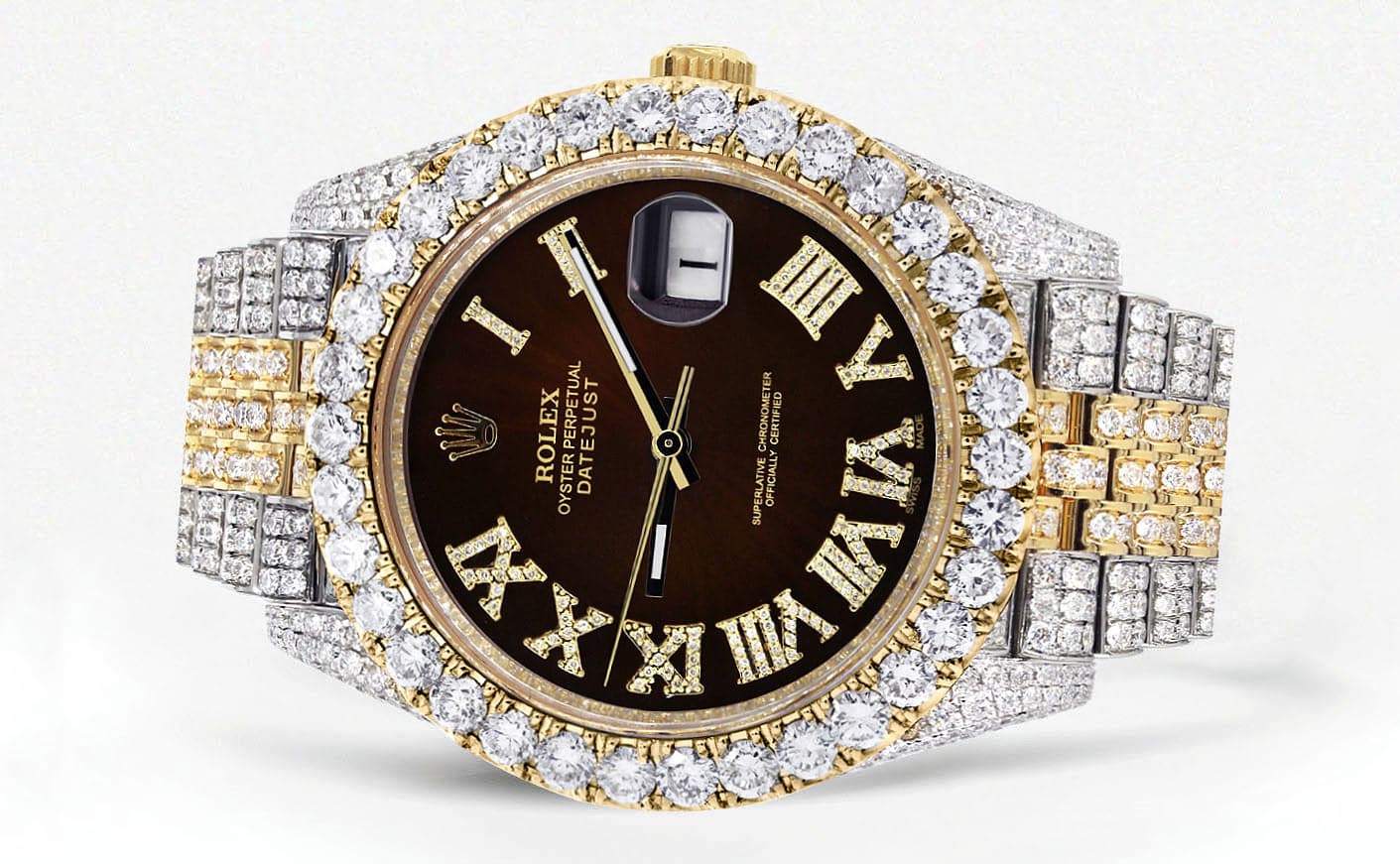 Luxury Diamond Iced Out Rolex Datejust 41 Watch - 25 Carats Genuine Diamonds | Custom Dark Brown Roman Numeral Diamond Dial | Two-Tone Stainless Steel & Gold | Jubilee Bracelet | Perfect for Special Occasions & Luxury Gift Giving