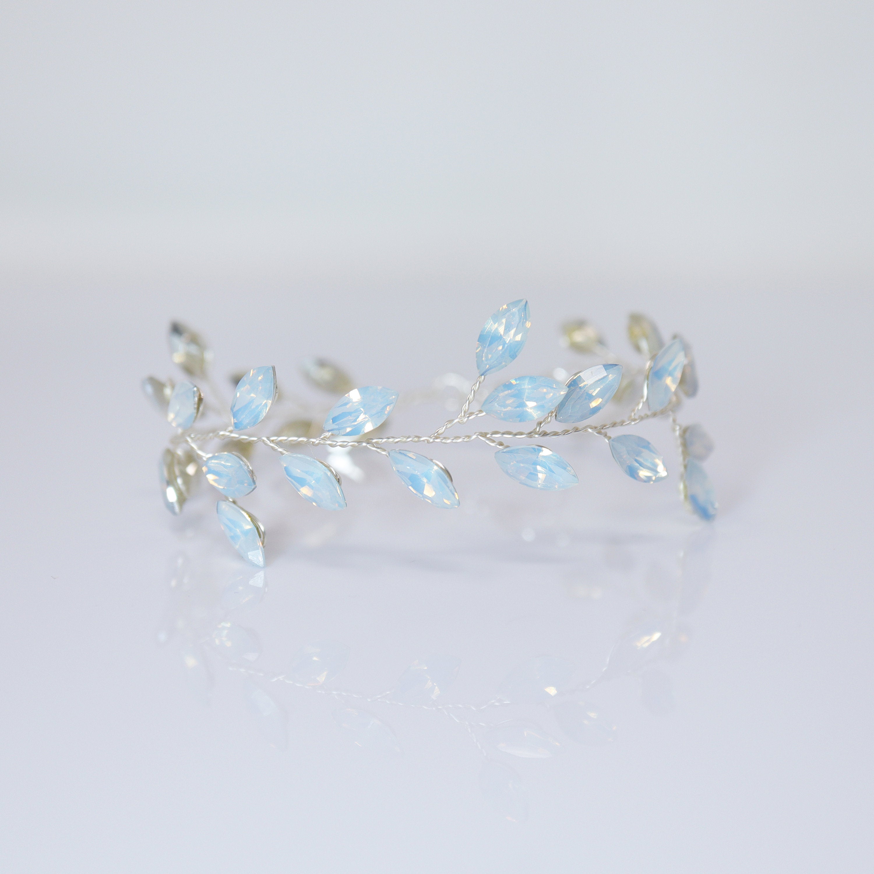 Elegant Icy Blue Floral and Opal Leaf Hair Comb - Bridal Hair Accessory, Statement Hairpiece for Weddings, Prom & Special Occasions