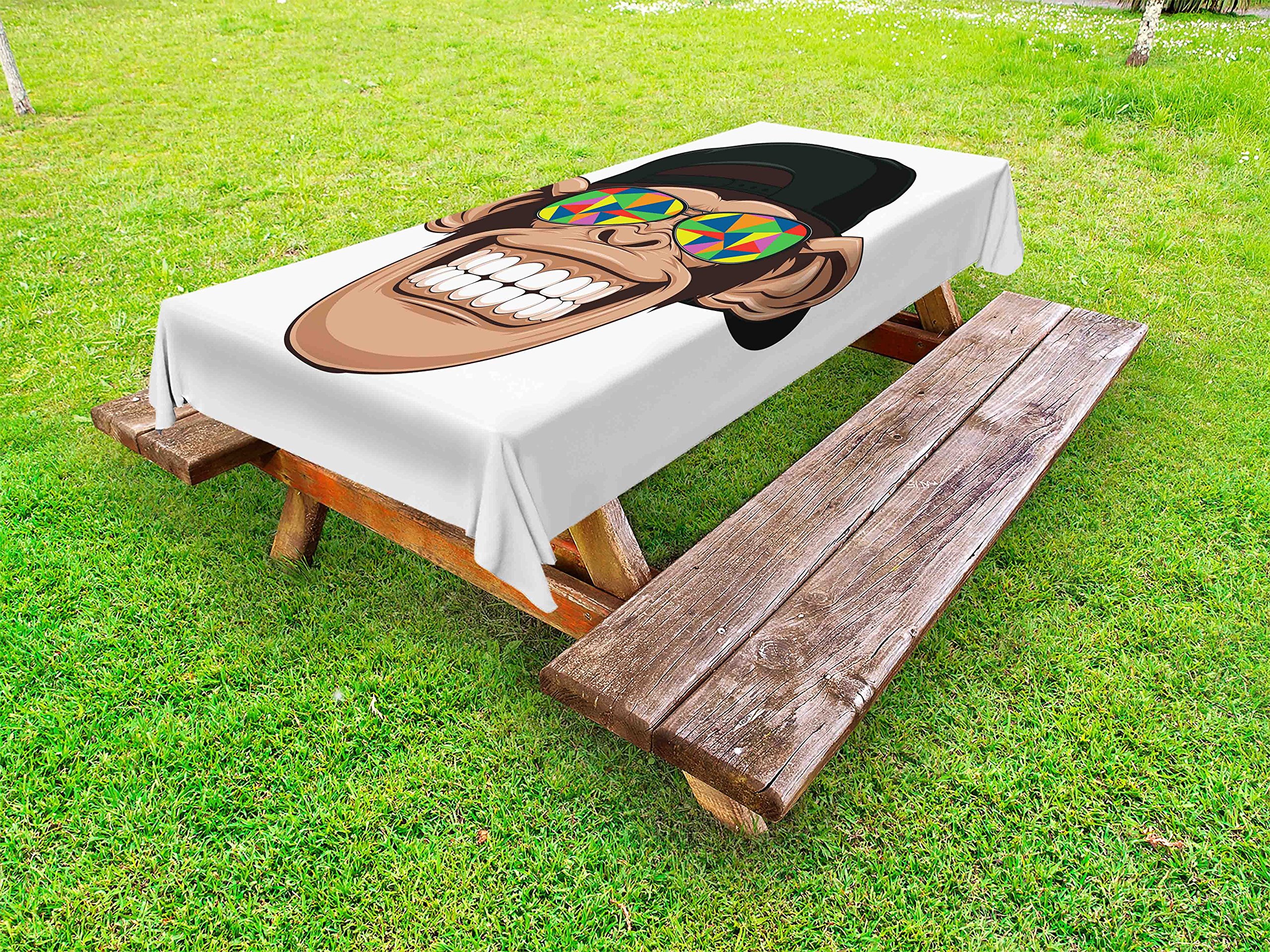 Ambesonne Monkey Print Outdoor Tablecloth - Funny Chimpanzee Portrait with Colorful Geometric Glasses - Waterproof Washable Picnic Table Cover 58x104 Inches - Perfect for BBQs, Garden Parties & Picnics