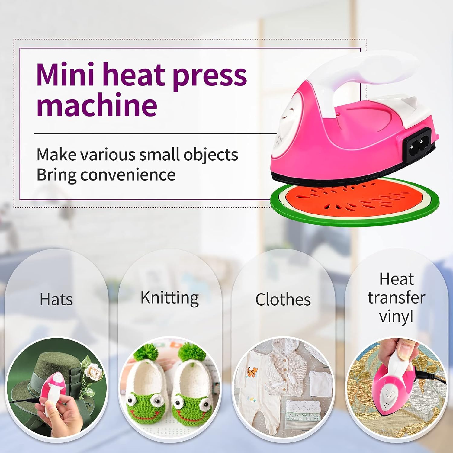 Mini Heat Press Machine for Clothes, Shoes, Bags & Hats - Portable Electric Iron with Silicone Pad for Heat Transfer - Rose Red - Perfect for DIY Crafts, T-Shirt Printing & Small Fabric Projects