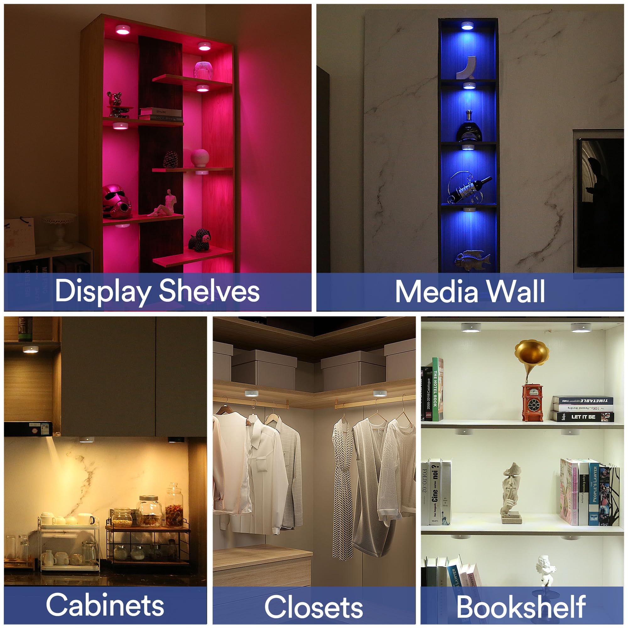 Wireless LED Puck Lights with Remote Control - Battery Operated Under Cabinet Lighting, Stick-On Push Lights, Color Changing for Kitchen, Shelf, Closet (2 Pack, White) - Perfect for Nighttime Kitchen Tasks, Pantry Organization & Bedroom Ambience