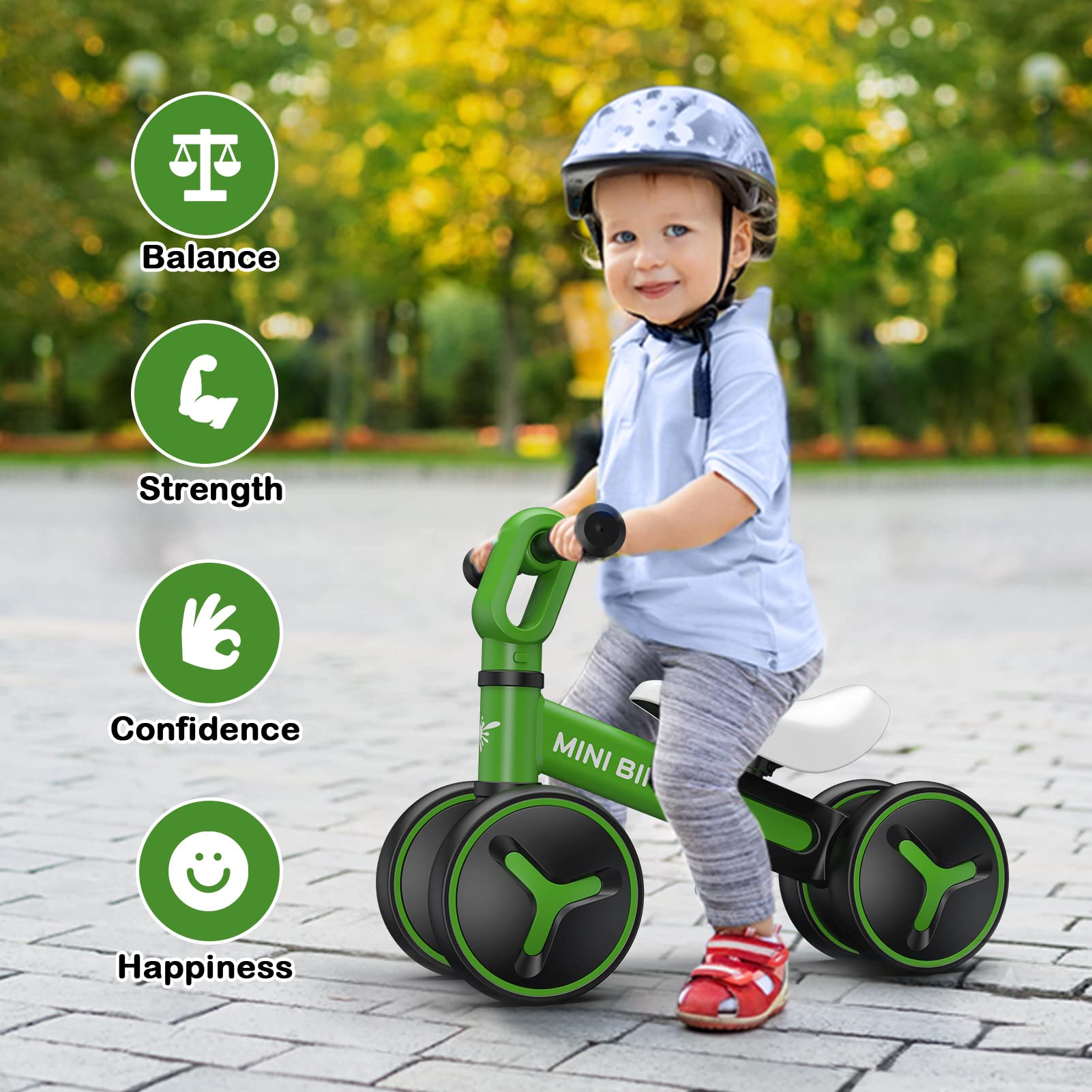 **Baby Balance Bike for 1-3 Year Old Boys & Girls | Adjustable Seat No-Pedal Toddler Bike with 4 Wheels | First Birthday & Christmas Gift | Indoor & Outdoor Learning Ride Toy**