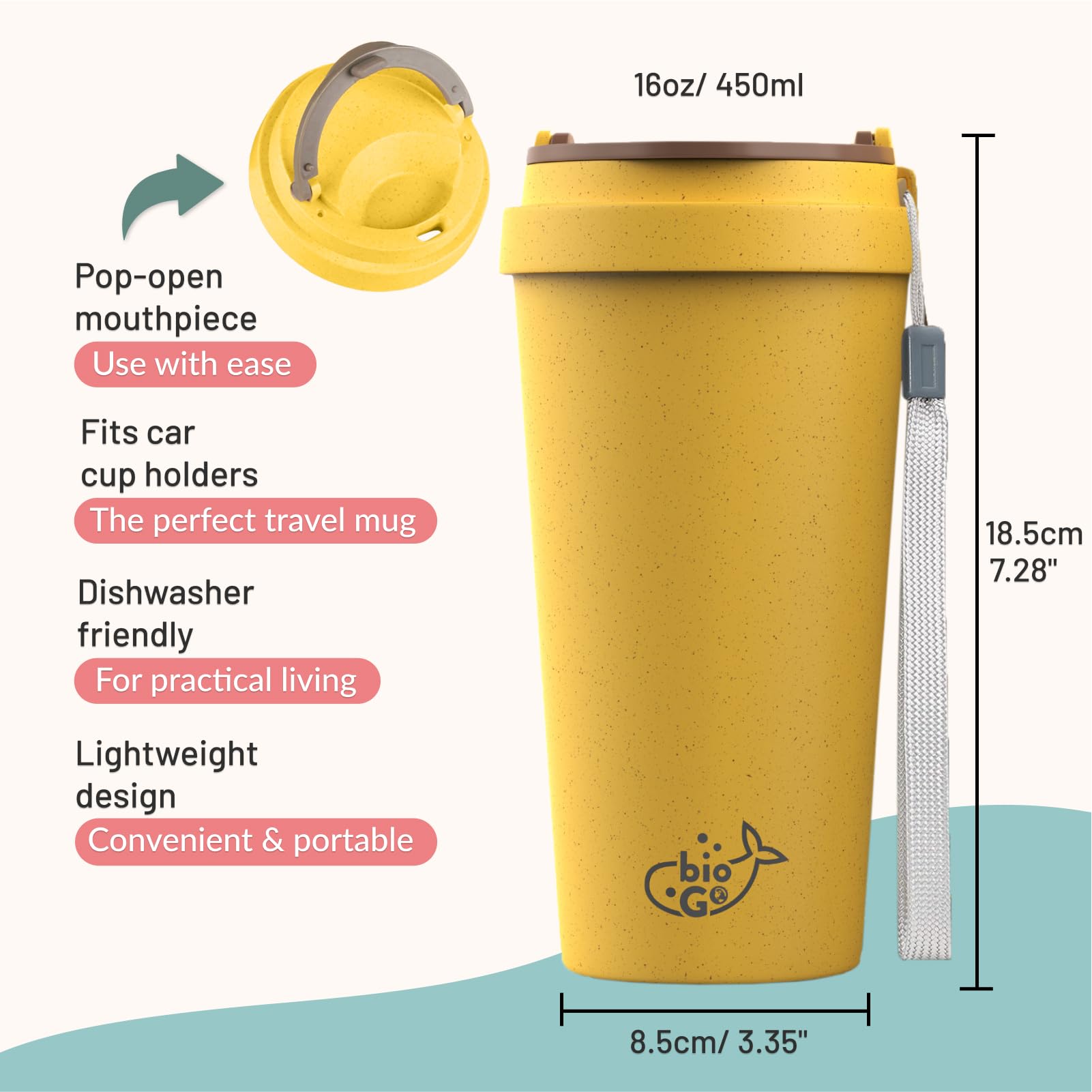 bioGo 16oz Butterscotch Yellow Insulated Travel Coffee Mug - Reusable Stainless Steel Tumbler with Leak-Proof Lid - Microwave & Dishwasher Safe - Perfect for Commuting, Office & Outdoor Adventures