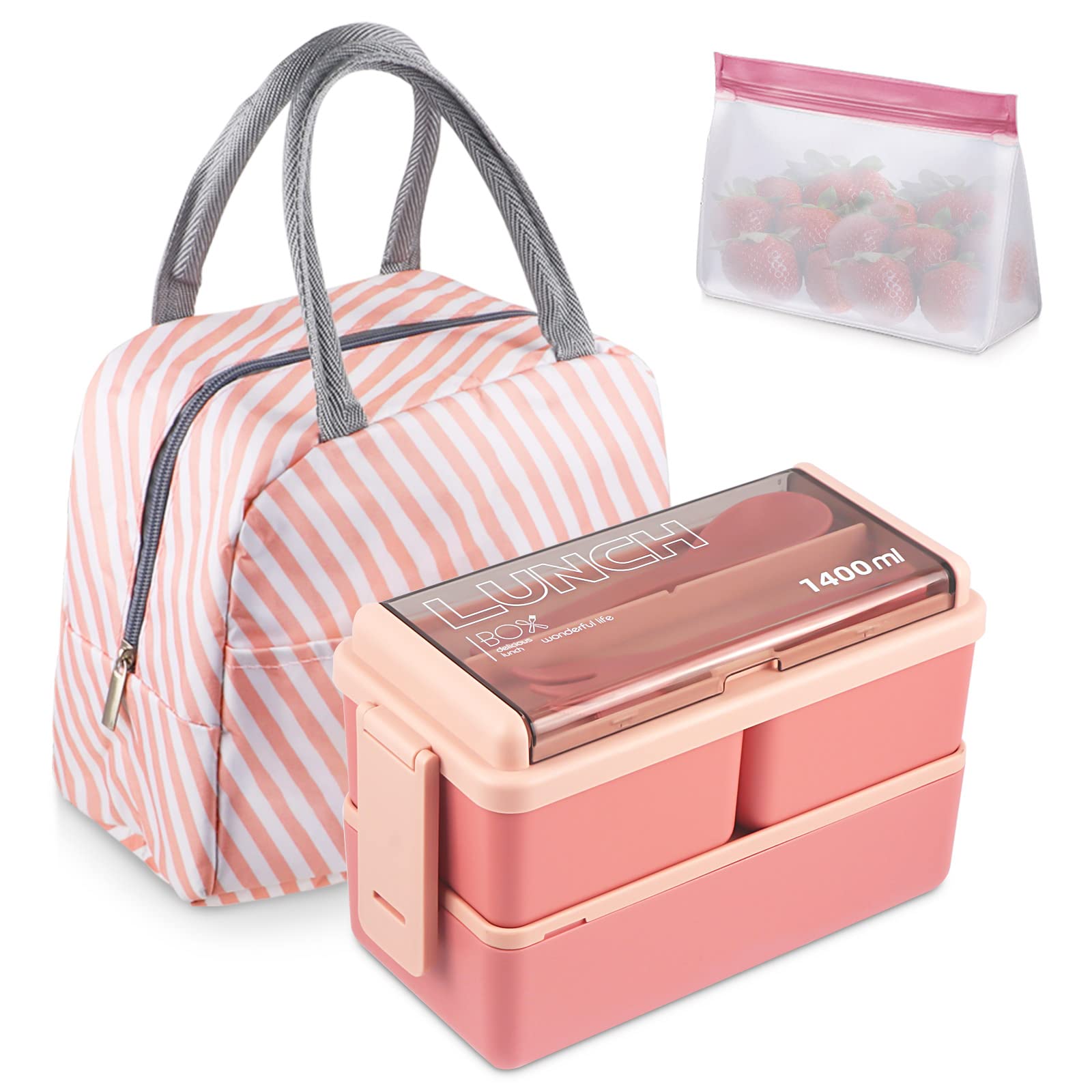 NatraProw Bento Box for Adults - 3 Compartment Stackable Lunch Box Set (47.35 oz) with Insulated Lunch Bag, Snack Pouch & Utensils - Microwave & Dishwasher Safe - Perfect for Office, School, Picnics & Meal Prep (Pink)