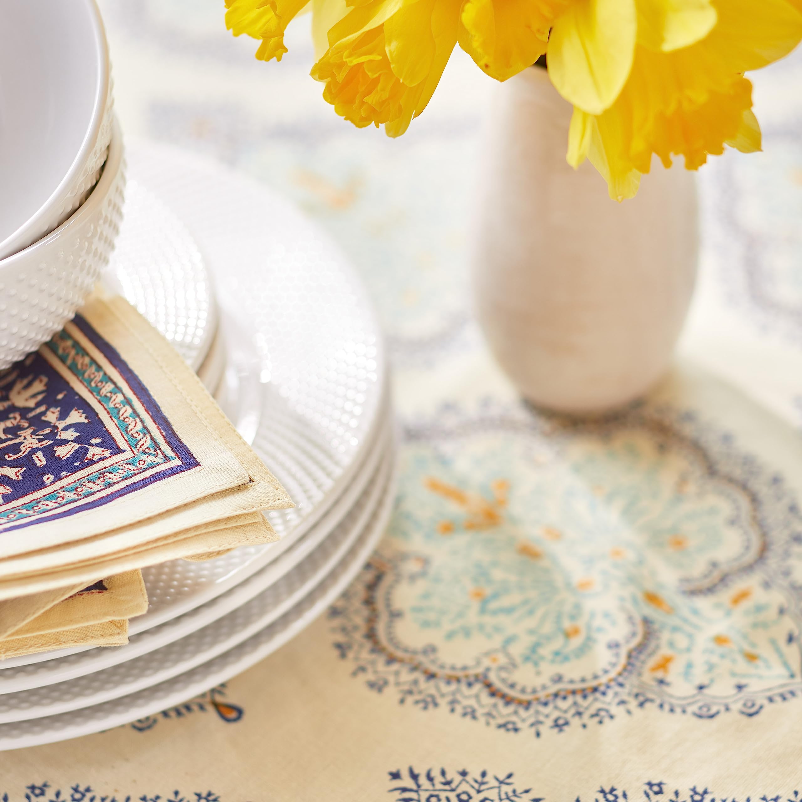 Hand Block Printed Round Tablecloth - 100% Cotton Luxurious Washable Pale Yellow Morning Dew Design for Home Decor, Kitchen, Coffee & Dining Table (90 Inch) - Perfect for Dinner Parties, Brunch Gatherings & Everyday Elegance